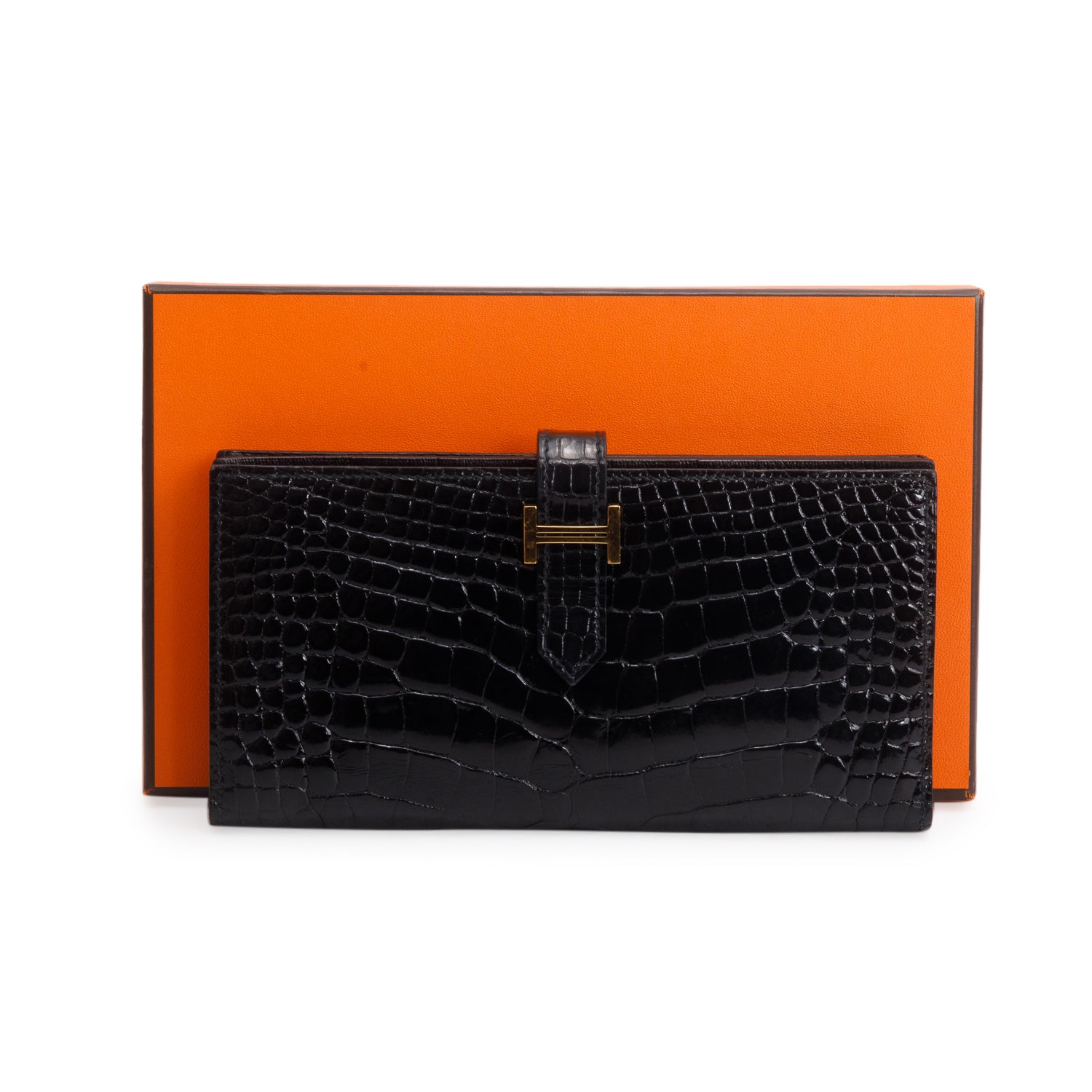 Hermes Noir Shiny Alligator Bearn Wallet w/ Box