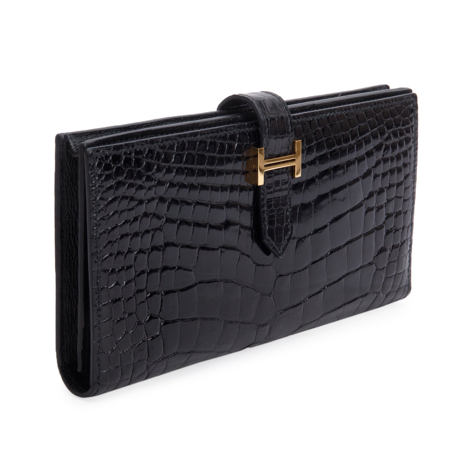 Hermes Noir Shiny Alligator Bearn Wallet w/ Box