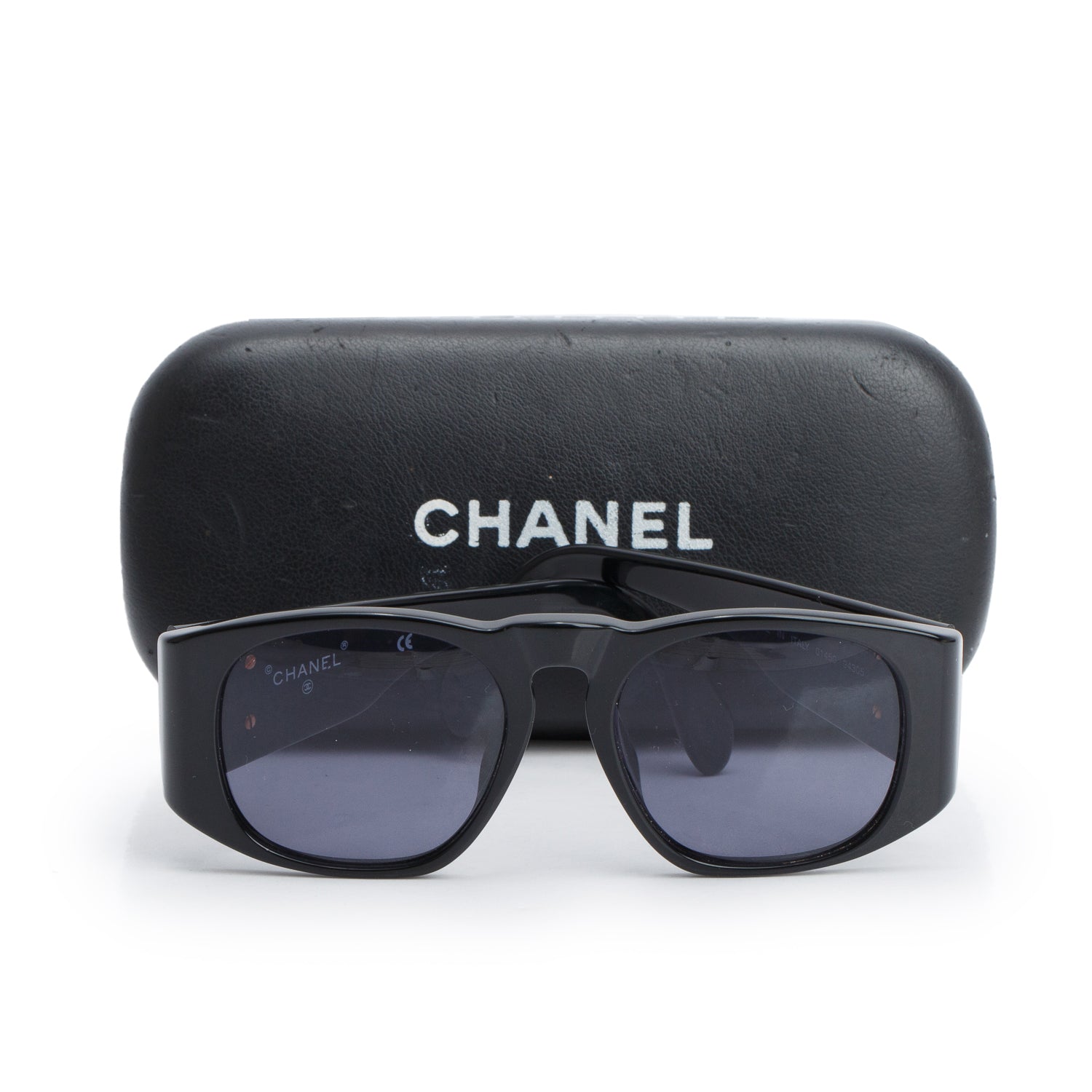 Chanel 01450 Black Acetate Quilted Interlocking CC Logo Sunglasses w/ Case