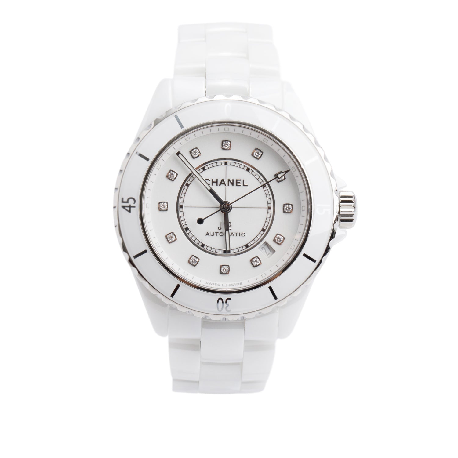 Chanel White Ceramic J12 Caliber 12.1 38 MM Automatic Watch Diamond Dial H5705