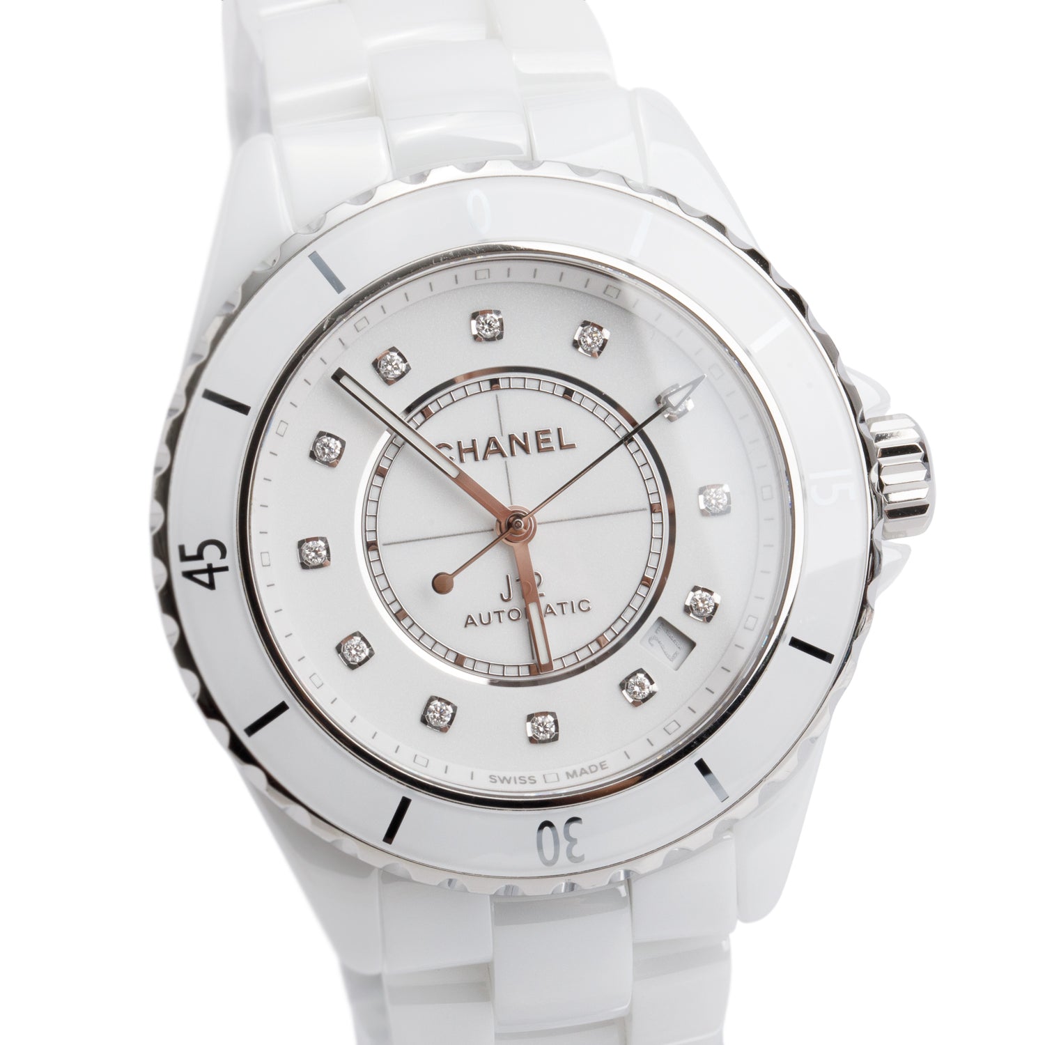Chanel White Ceramic J12 Caliber 12.1 38 MM Automatic Watch Diamond Dial H5705