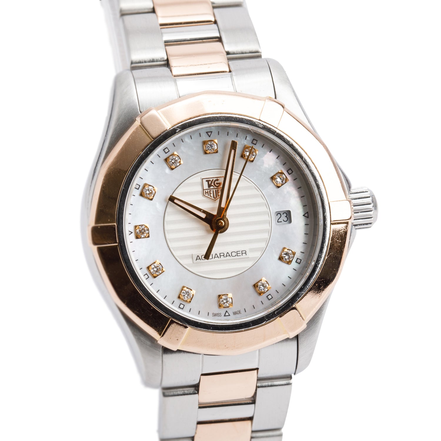 Tag Heuer Stainless Steel & 18 Rose Gold Aquaracer 27 MM Quartz Watch Diamond Mother of Pearl Dial WAP1451