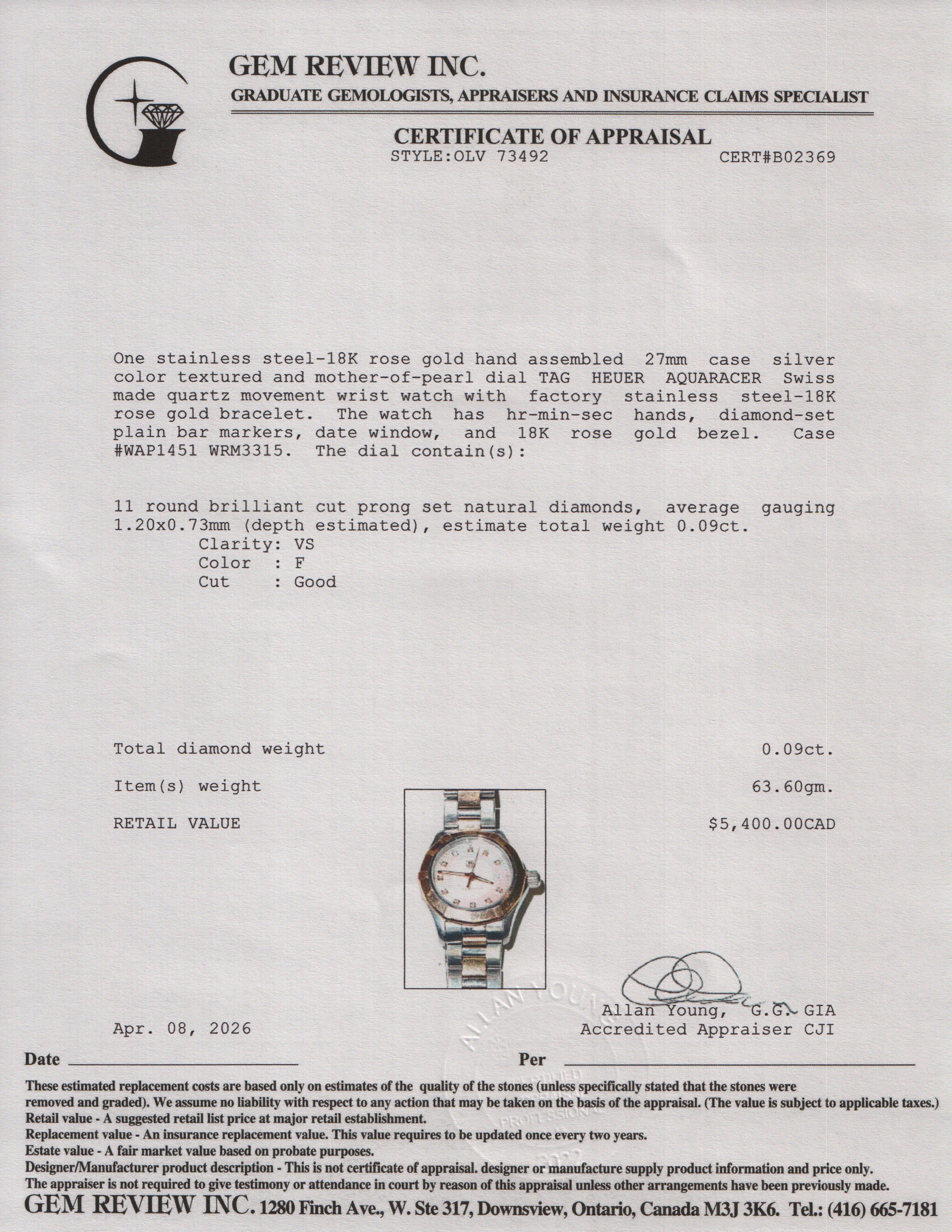 Tag Heuer Stainless Steel & 18 Rose Gold Aquaracer 27 MM Quartz Watch Diamond Mother of Pearl Dial WAP1451