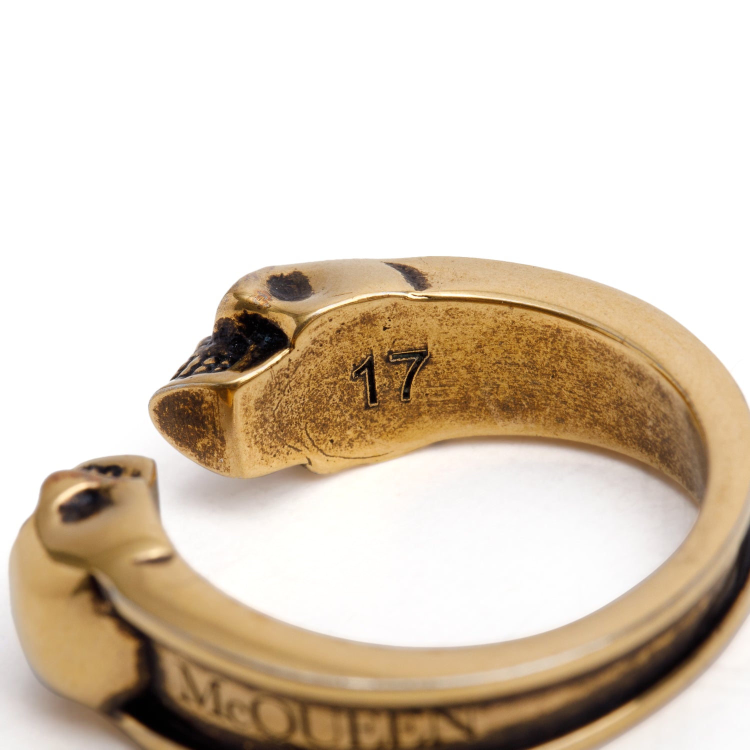 Alexander McQueen Gold Plated Metal Twin Skull Ring, Size 17 8 w/ Box