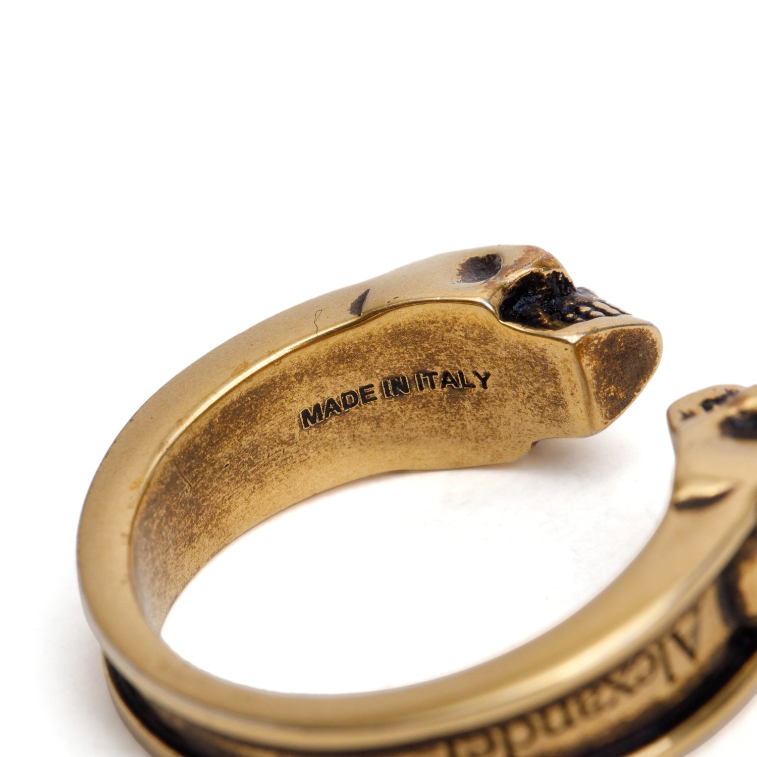 Alexander McQueen Gold Plated Metal Twin Skull Ring, Size 17 8 w/ Box