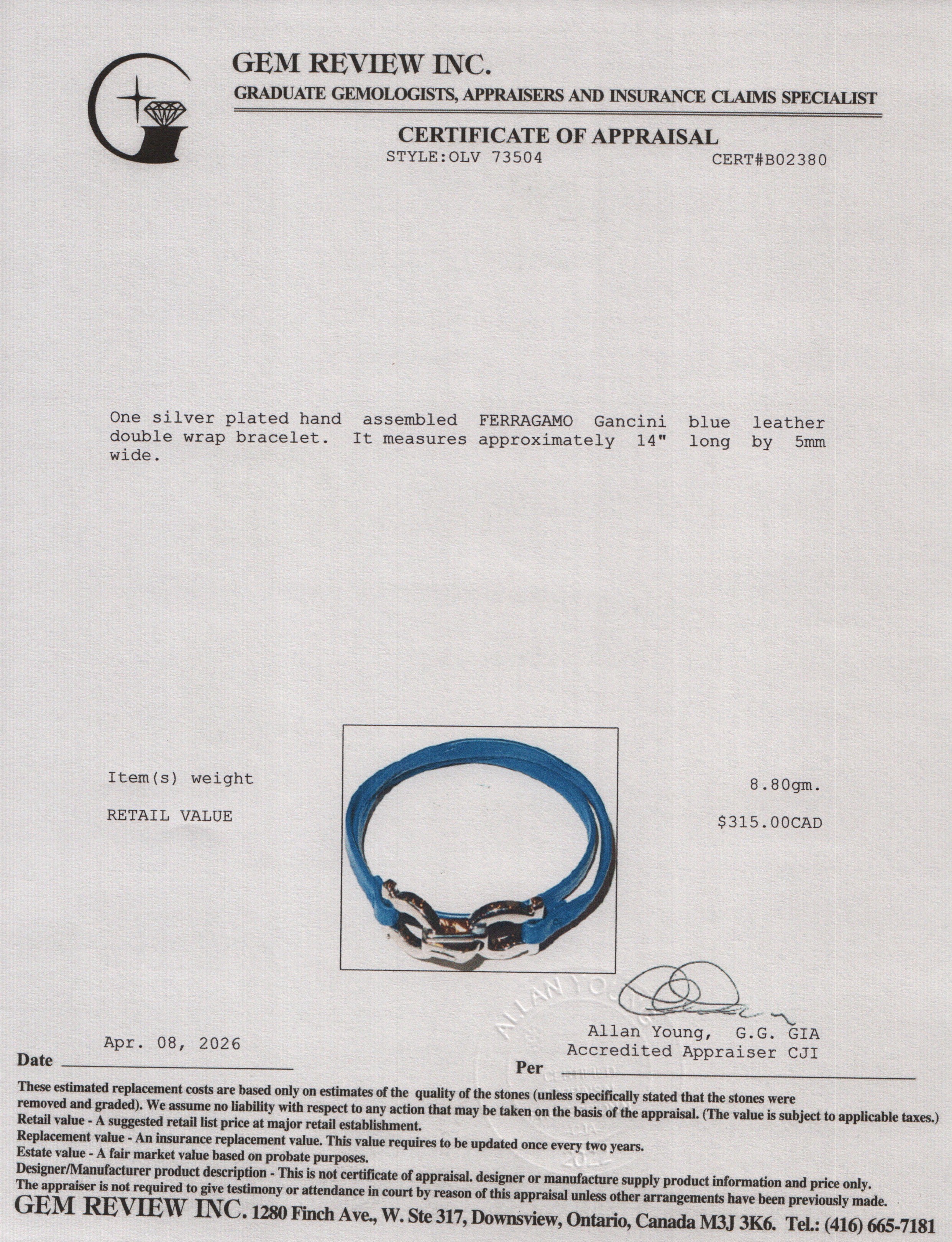Ferragamo Silver-Plated Gancini Blue Leather Double Wrap Bracelet