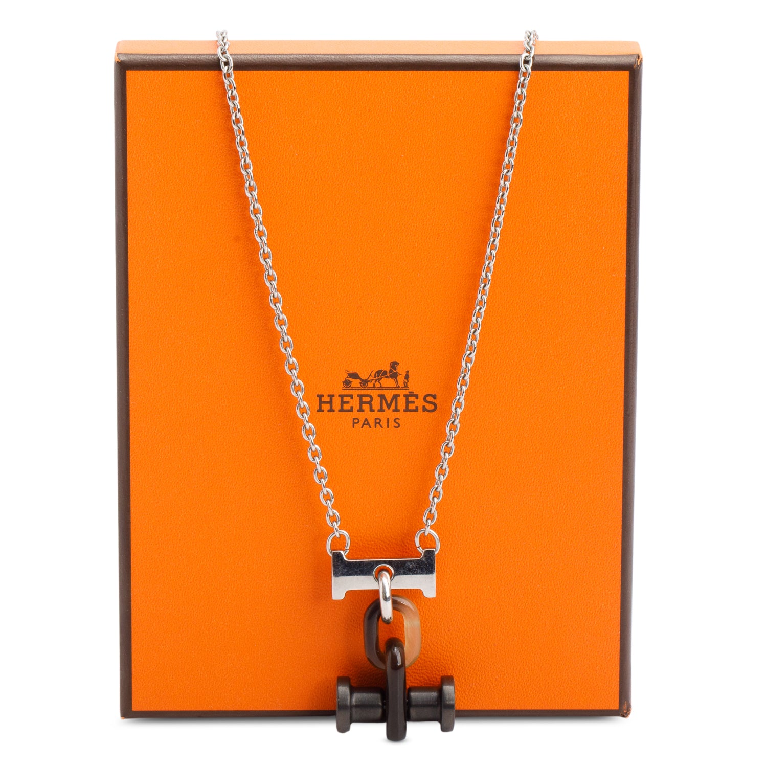 Hermes 2023 Palladium-Plated Buffalo Horn Mobile H Pendant Necklace w/ Box & Receipt
