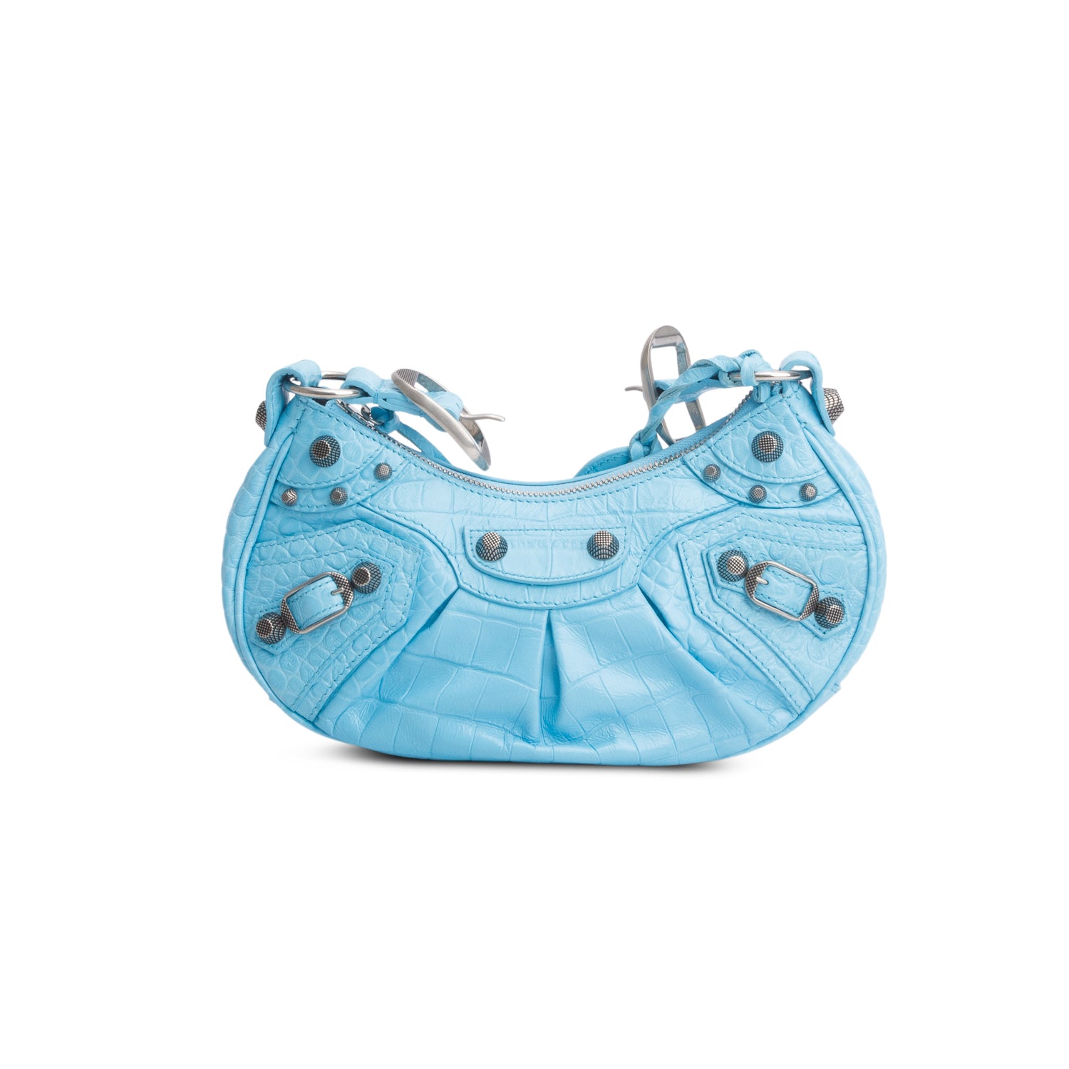 Balenciaga Blue Extra Supple Calfskin Crocodile Embossed Le Cagole XS Shoulder Bag