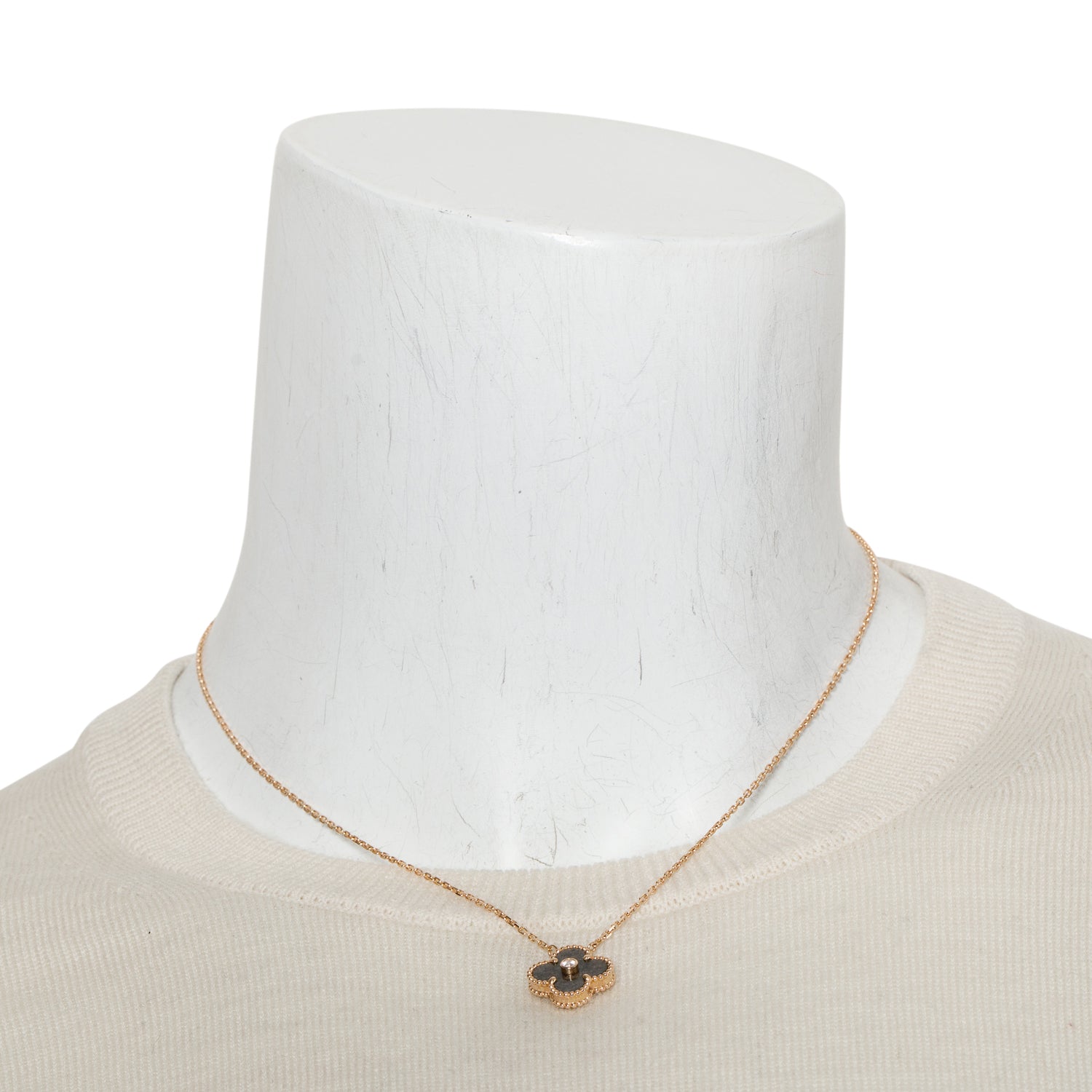 Van Cleef & Arpels 2023 Limited Edition 18k Rose Gold Vintage Alhambra Diamond Obsidian Holiday Pendant Necklace w/ Box & Certificate
