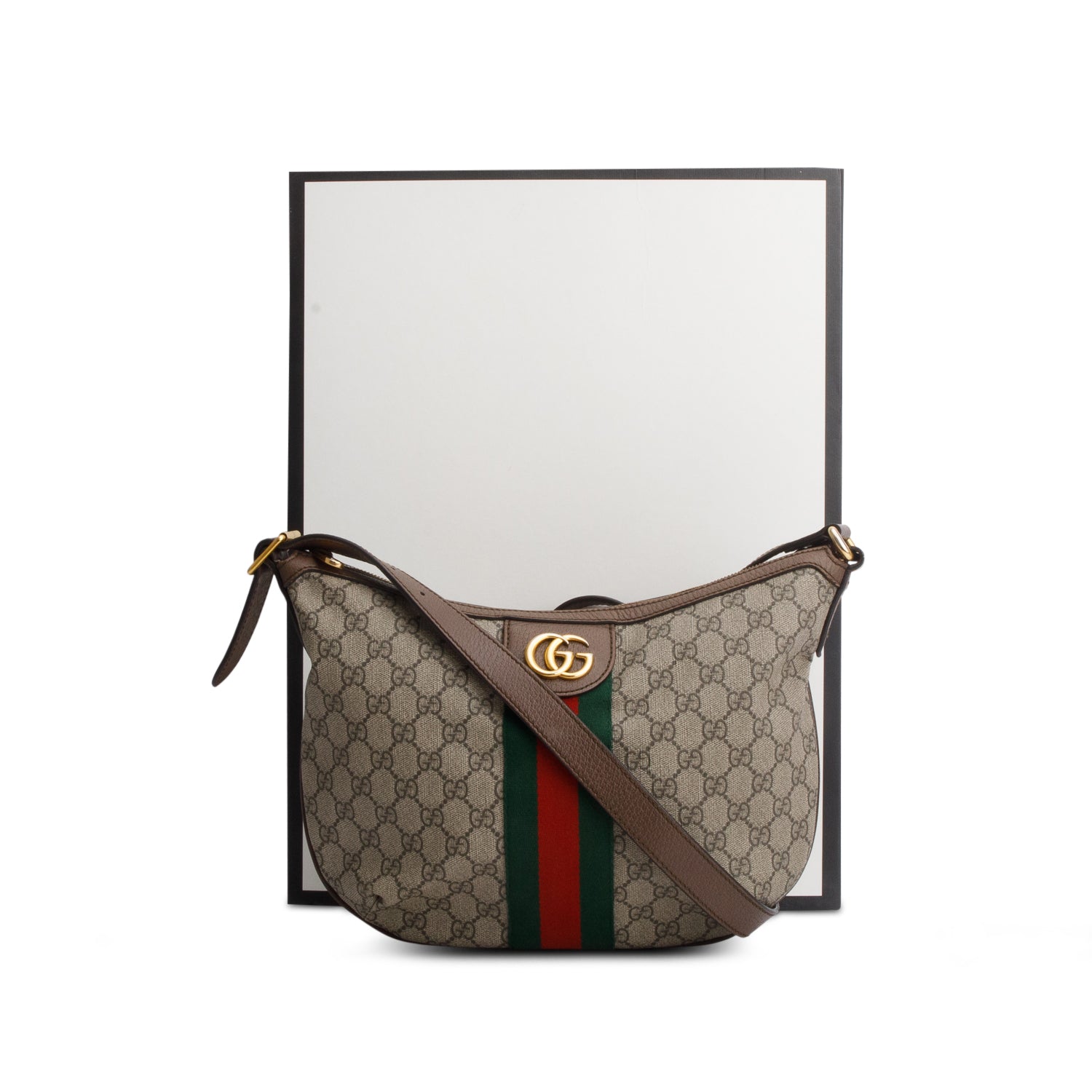 Gucci GG Supreme Monogram Textured Dollar Calfskin Web Small Ophidia Half Moon Hobo w/ Box