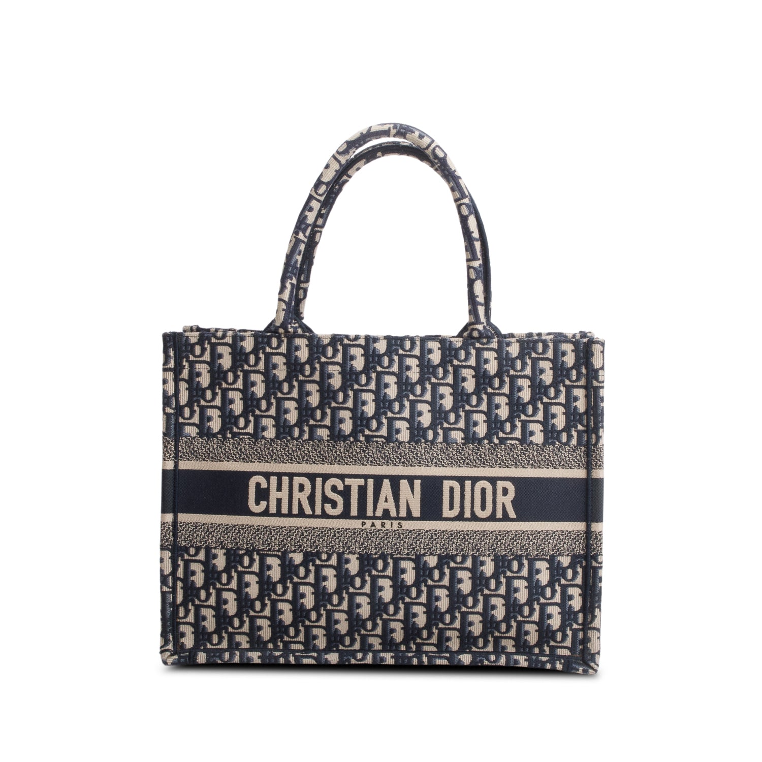 Christian Dior 2022 Ecru and Blue Oblique Embroidery Medium Book Tote