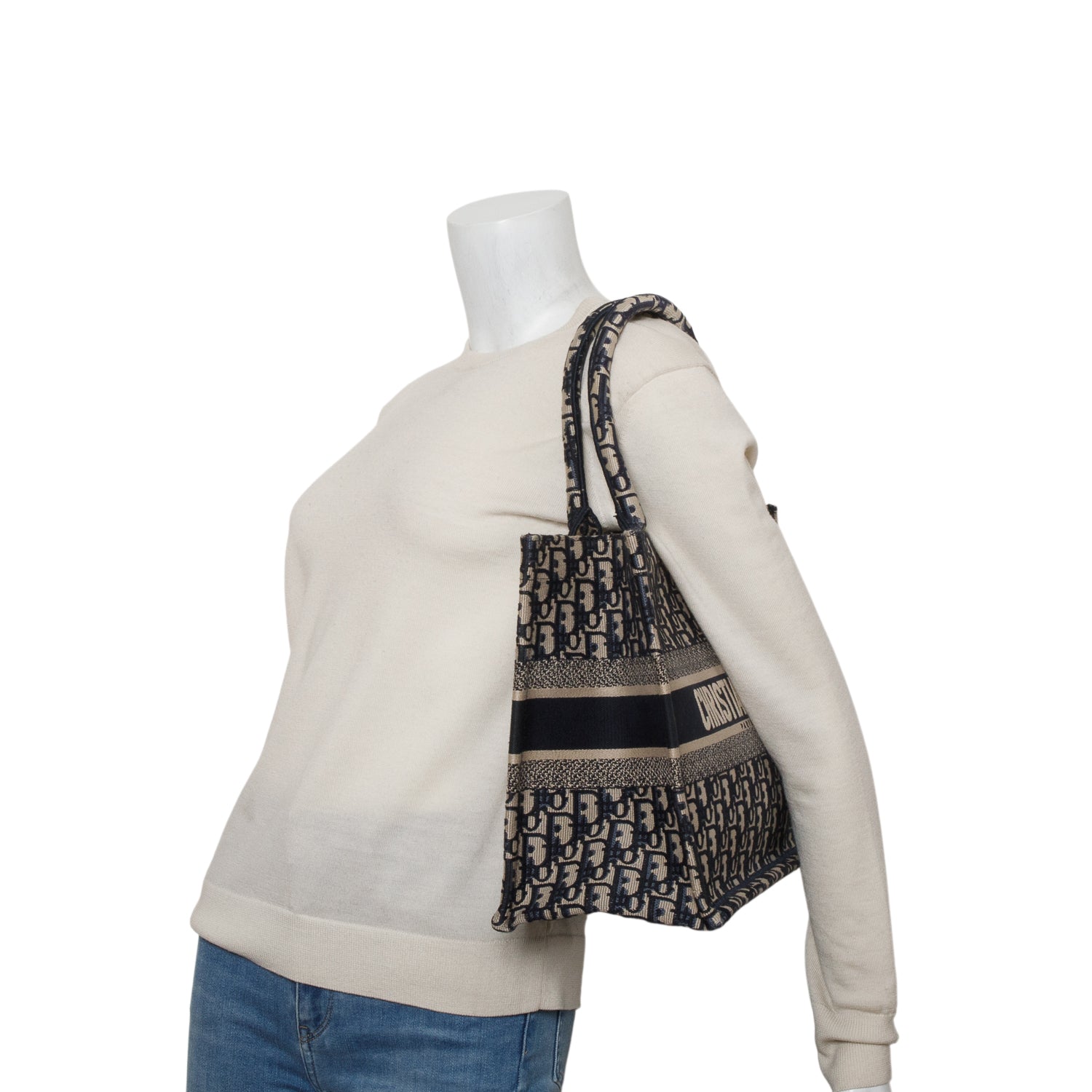 Christian Dior 2022 Ecru and Blue Oblique Embroidery Medium Book Tote