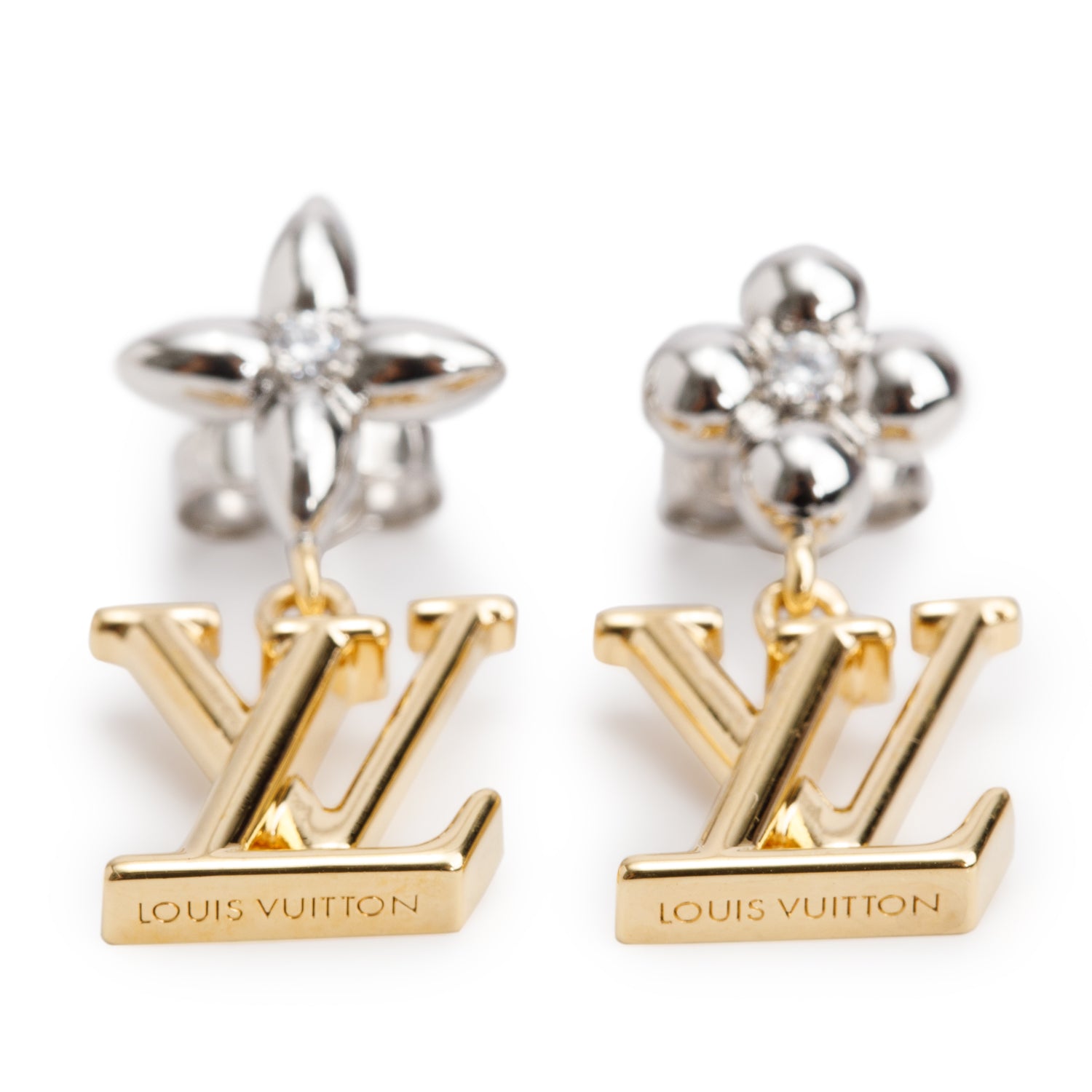 Louis Vuitton 2024 Gold & Silver Plated LV Floragram Drop Earrings w/ Receipt