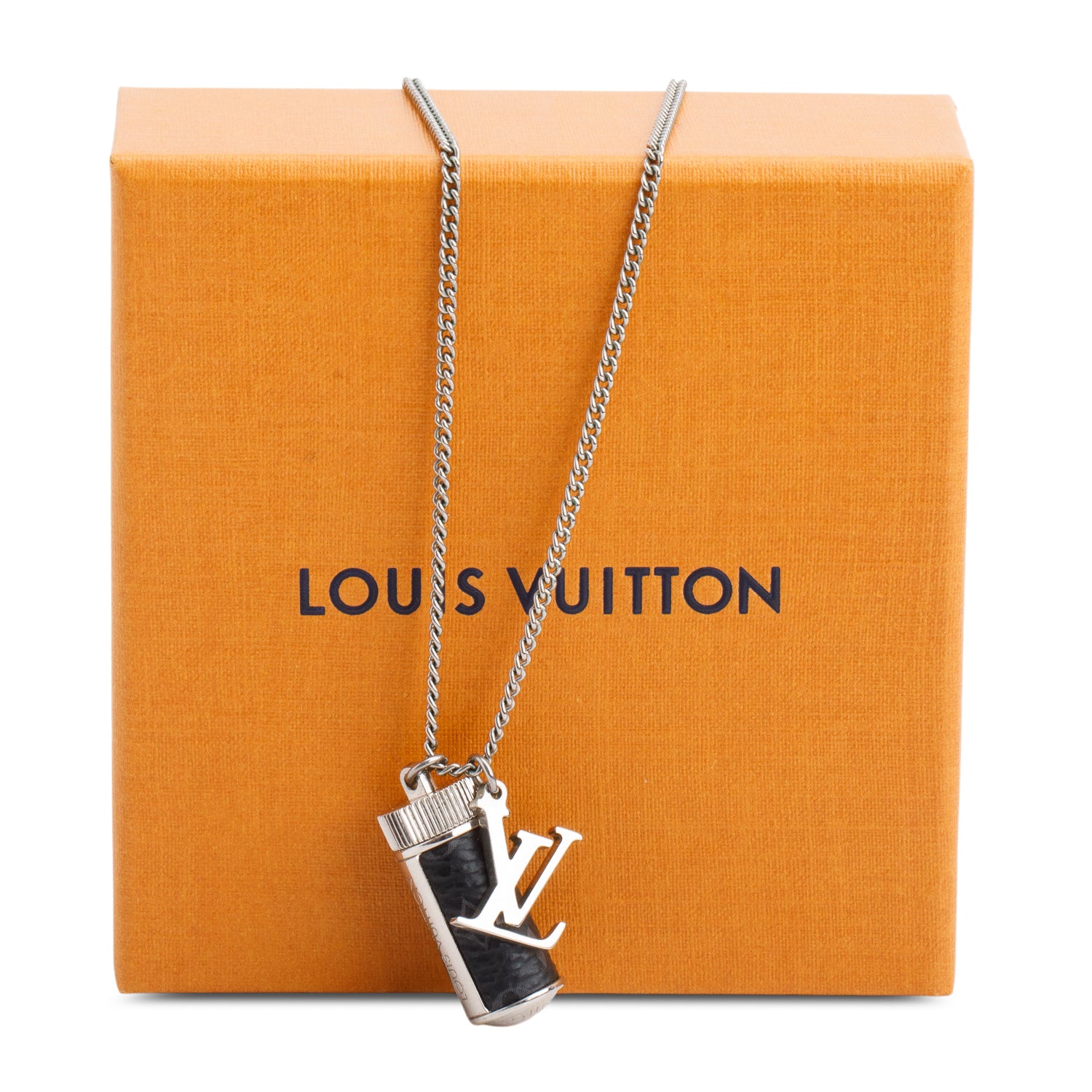 Louis Vuitton Palladium Plated Monogram Eclipse Pill Case Pendant Necklace w/ Box