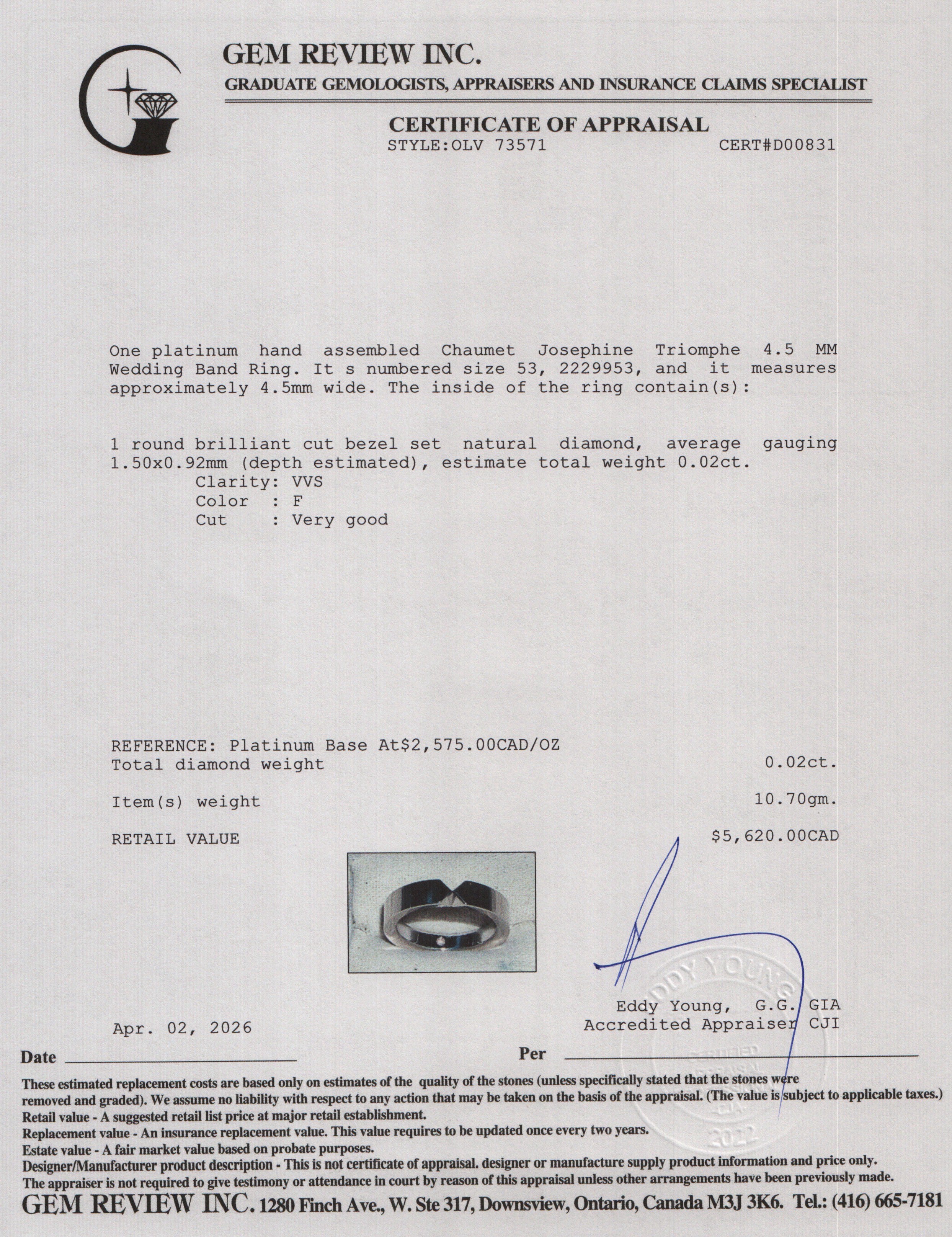 Chaumet 2023 Platinum Josephine Triomphe 4.5 MM Wedding Band Ring 53 6.5 w/ Box & Certificate