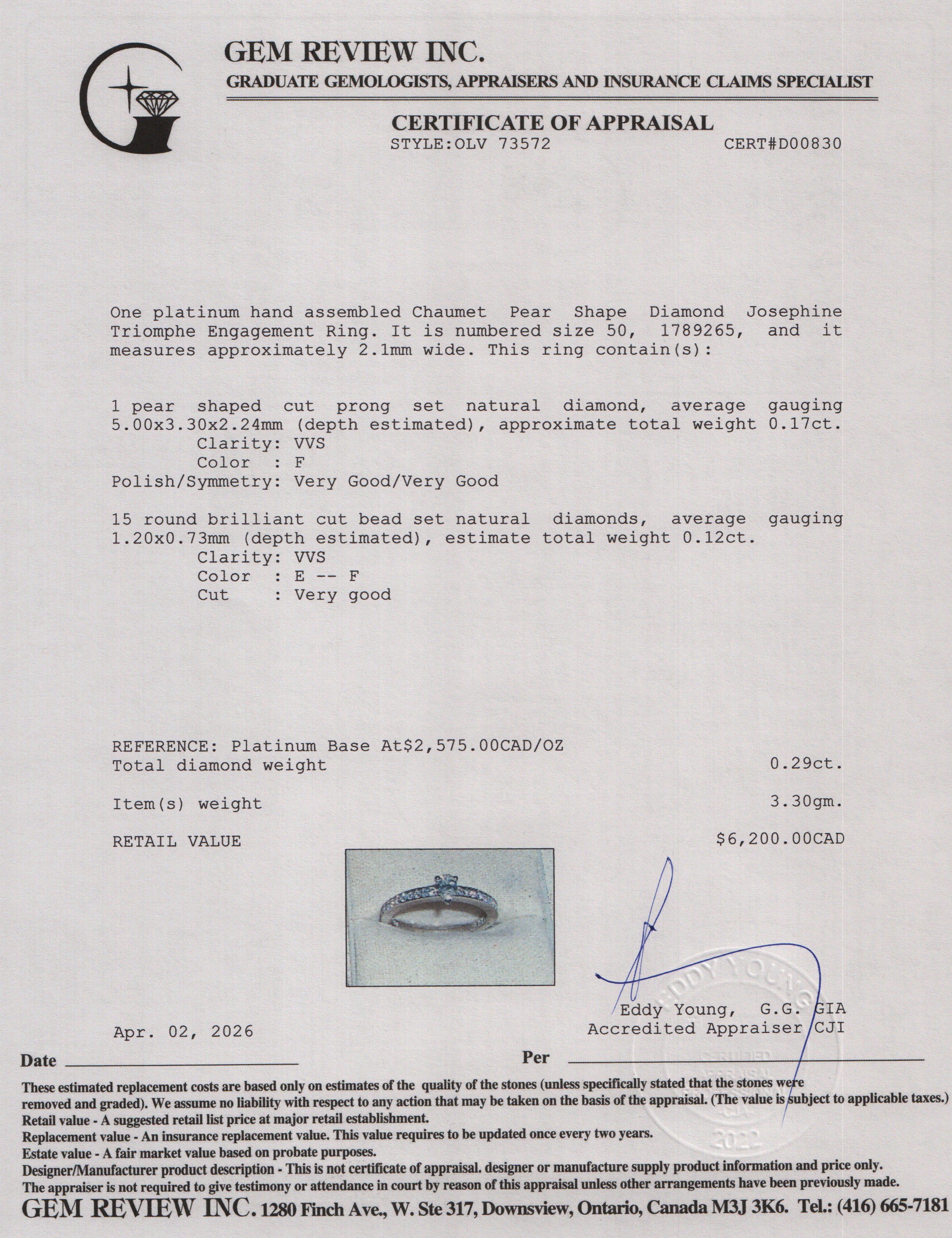 Chaumet 2023 Platinum 0.17 ct. Pear Shape Diamond Josephine Triomphe Engagement Ring 50 5.25 w/ Box, Receipt  & Certificate