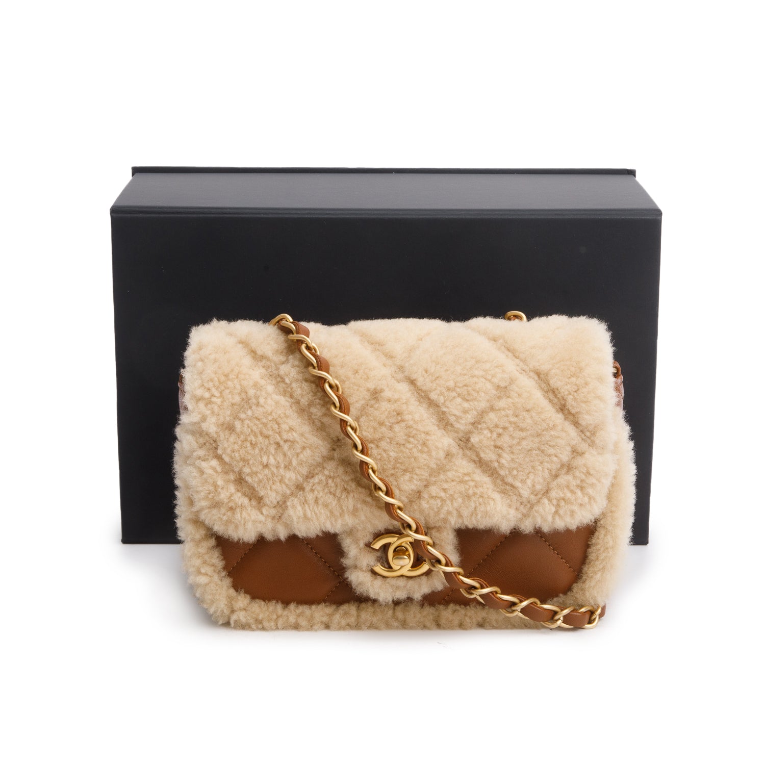 Chanel Brown Shearling Lambskin Quilted Mini Furry Coco Flap Bag w/ Box