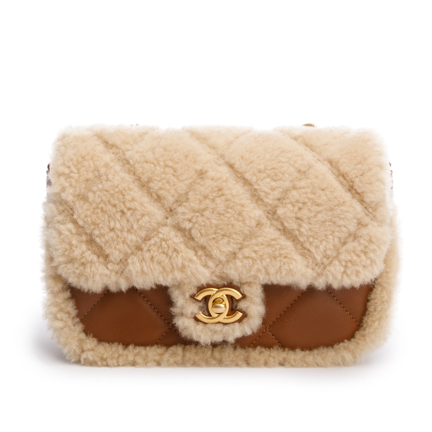 Chanel Brown Shearling Lambskin Quilted Mini Furry Coco Flap Bag w/ Box