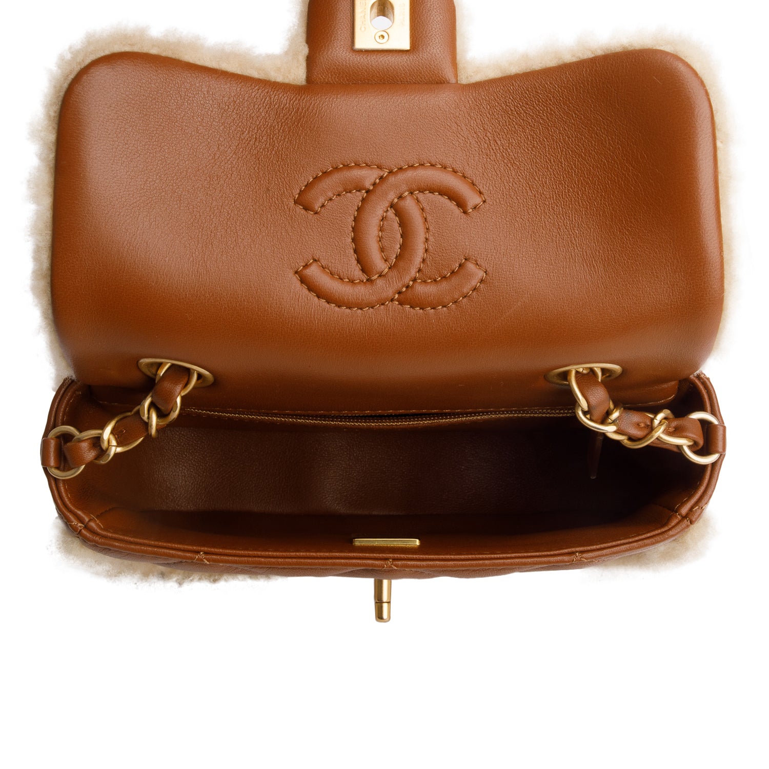 Chanel Brown Shearling Lambskin Quilted Mini Furry Coco Flap Bag w/ Box
