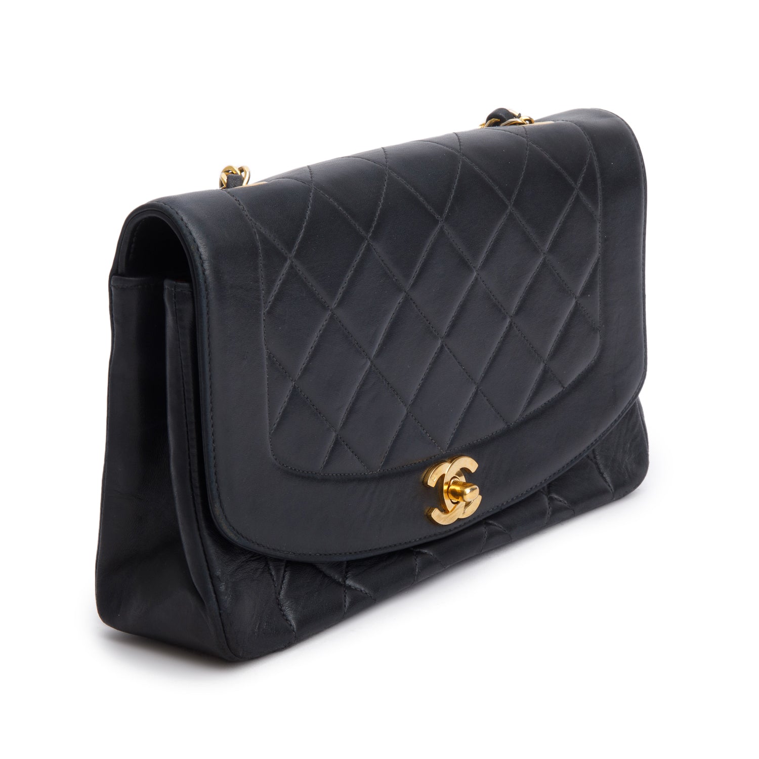 Chanel Vintage Black Lambskin Quilted Medium Diana Flap
