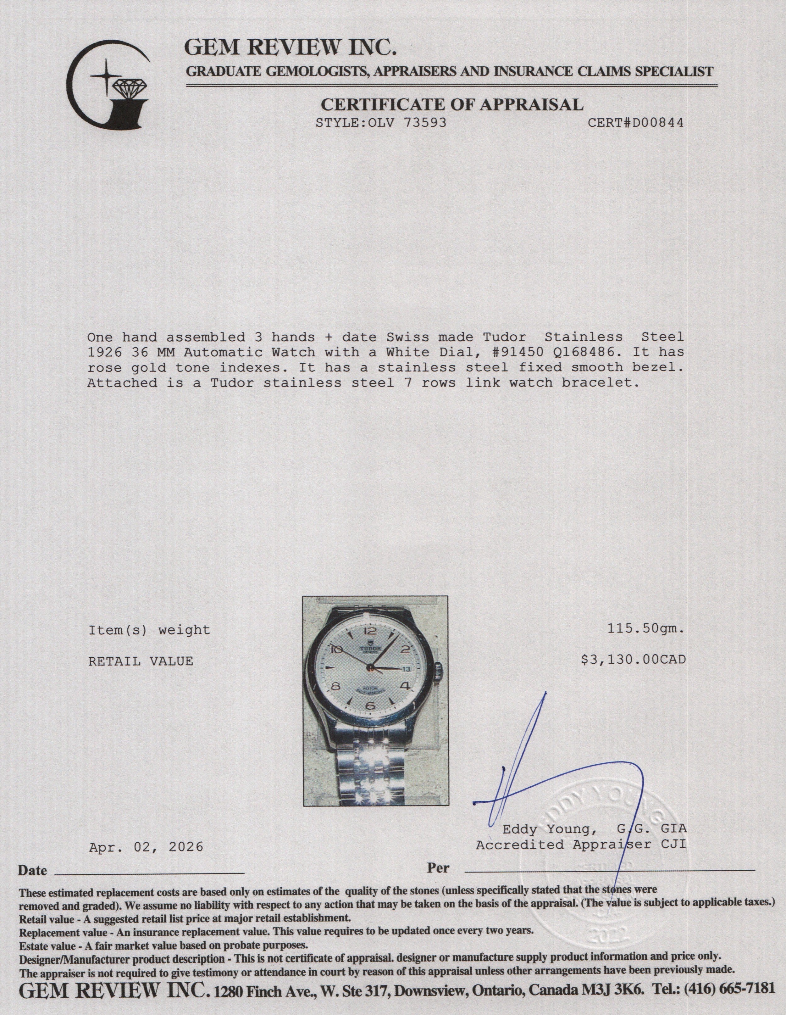 Tudor Stainless Steel 1926 36 MM Automatic Watch White Dial 91450