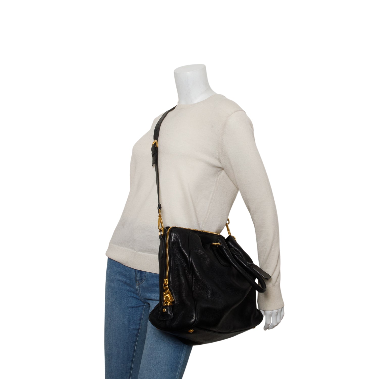 Prada Black Vitello Daino Convertible Tote w/ Strap