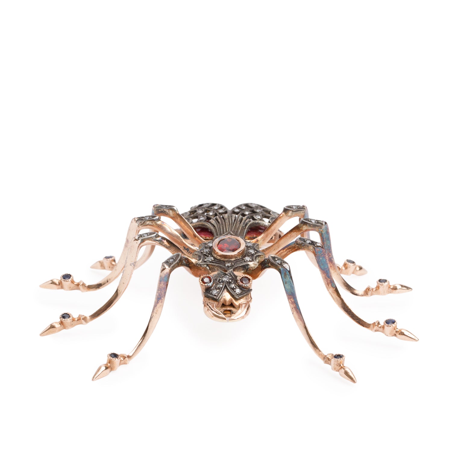 14k Rose Gold Garnet, Blue Sapphires & Diamond Spider Pin Brooch