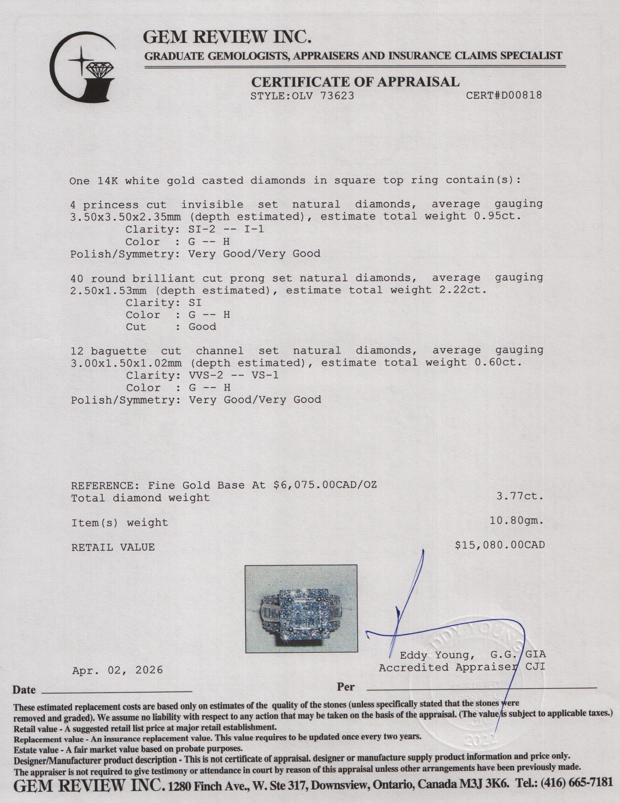 14k White Gold 3.77 tcw. Diamond Engagement Ring, Size 6.75