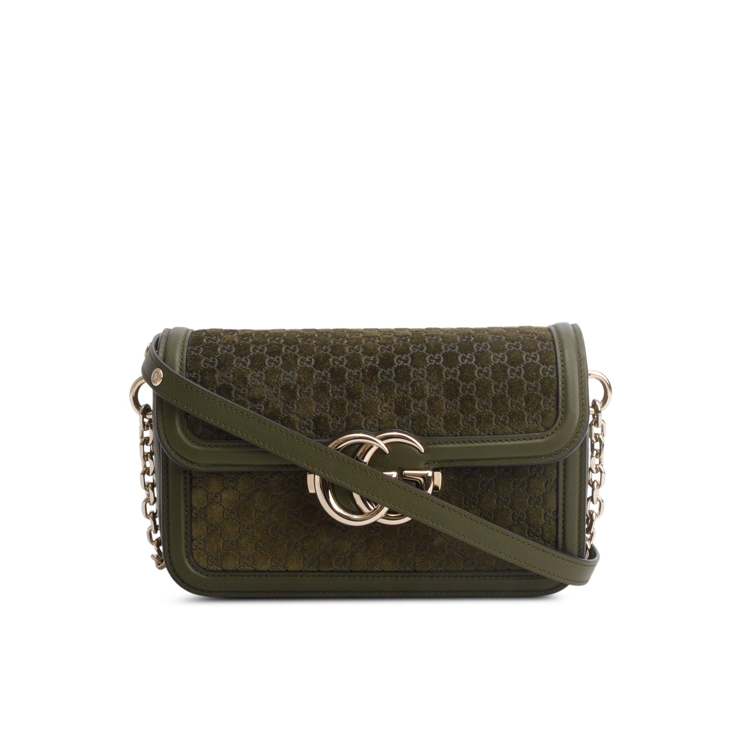 Gucci Green Suede Monogram Go Small Shoulder Bag w/ Straps