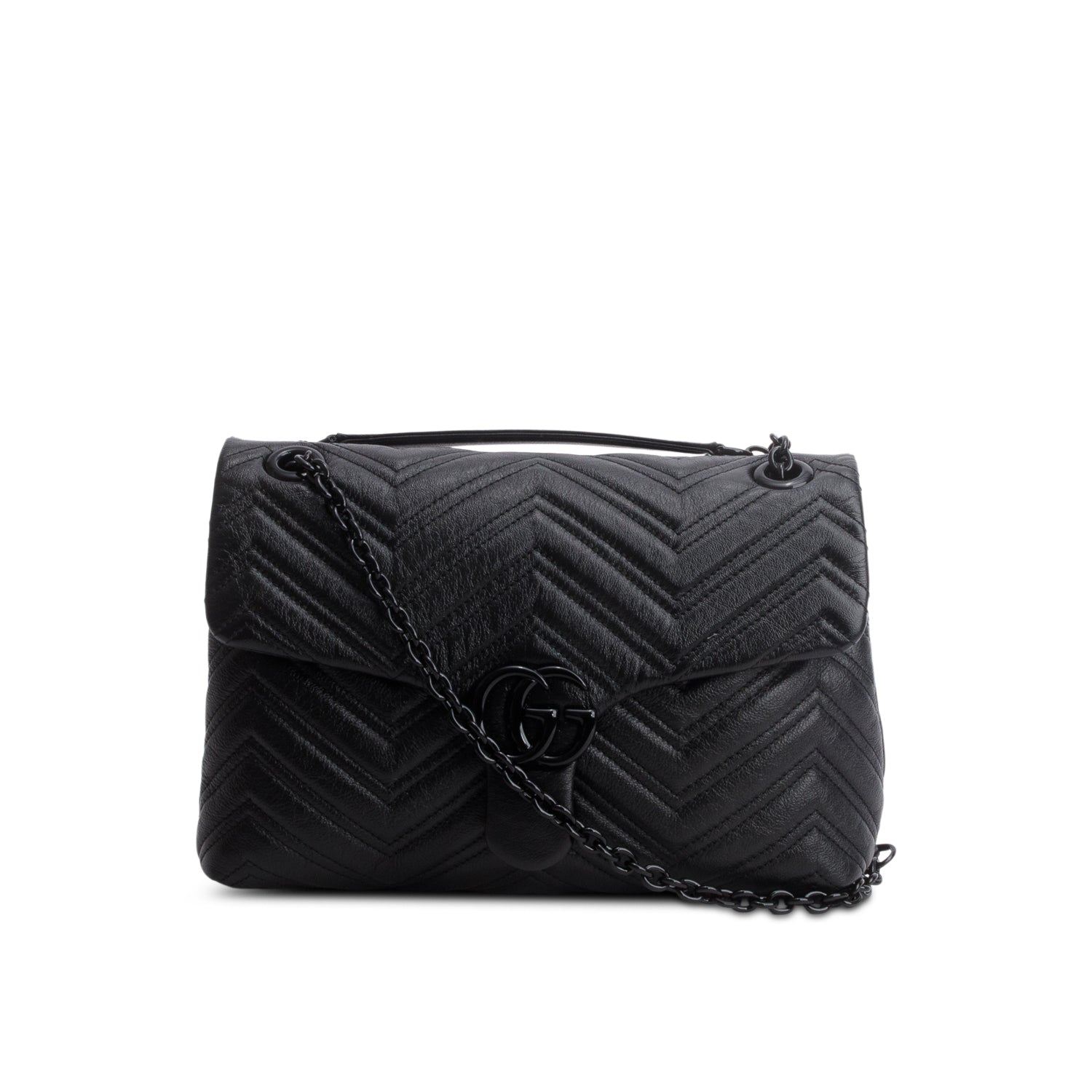 Gucci Black Soft Matelasse Chevron Leather GG Marmont Medium Shoulder Bag w/ Box
