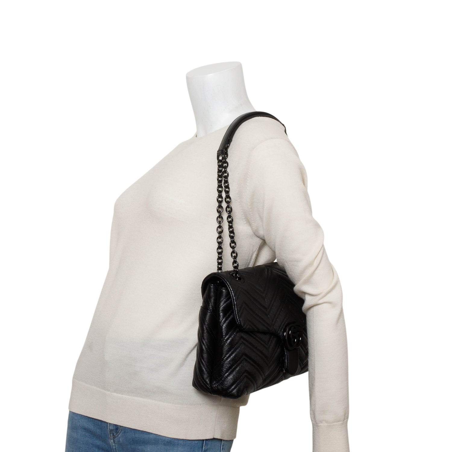 Gucci Black Soft Matelasse Chevron Leather GG Marmont Medium Shoulder Bag w/ Box