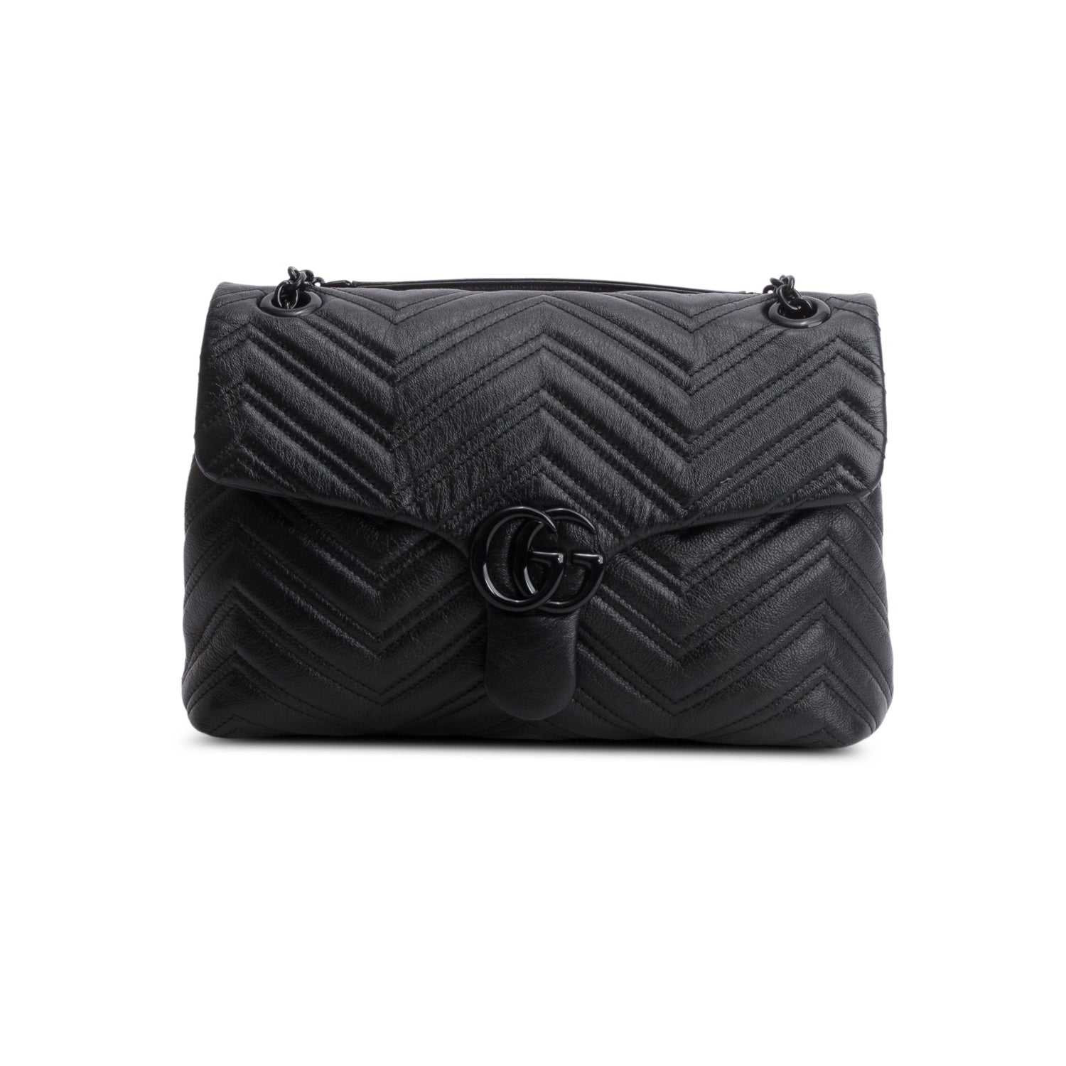 Gucci Black Soft Matelasse Chevron Leather GG Marmont Medium Shoulder Bag w/ Box