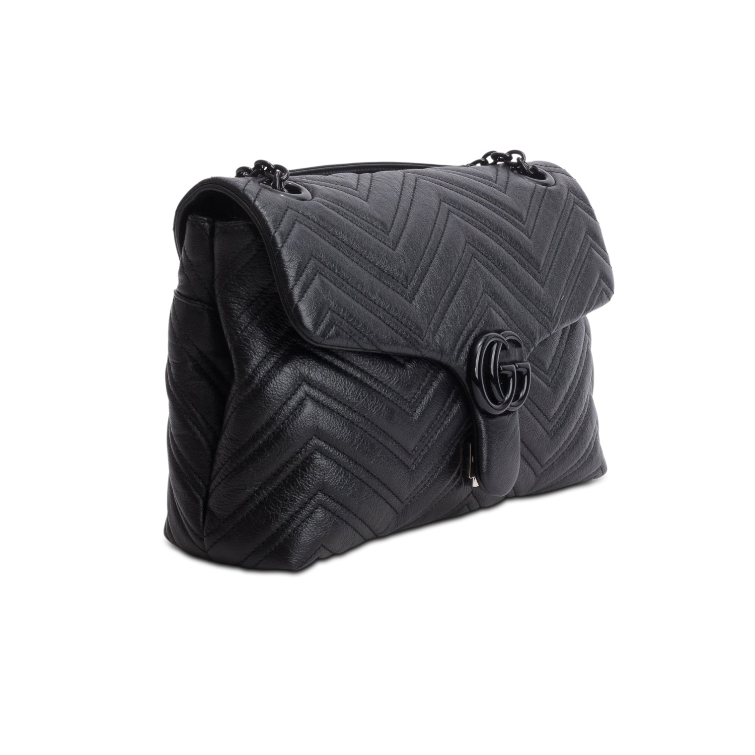 Gucci Black Soft Matelasse Chevron Leather GG Marmont Medium Shoulder Bag w/ Box
