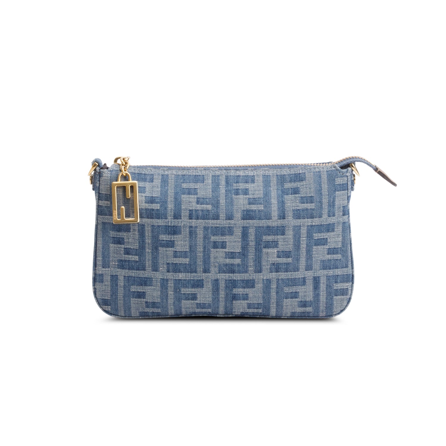 Fendi Blue Denim Effect Fabric Jacquard FF Baguette Pouch w/ Box & Straps
