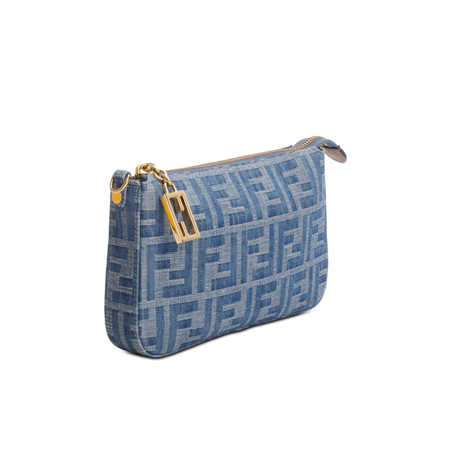 Fendi Blue Denim Effect Fabric Jacquard FF Baguette Pouch w/ Box & Straps