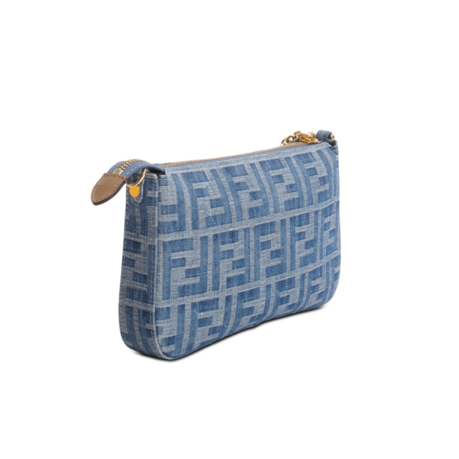 Fendi Blue Denim Effect Fabric Jacquard FF Baguette Pouch w/ Box & Straps