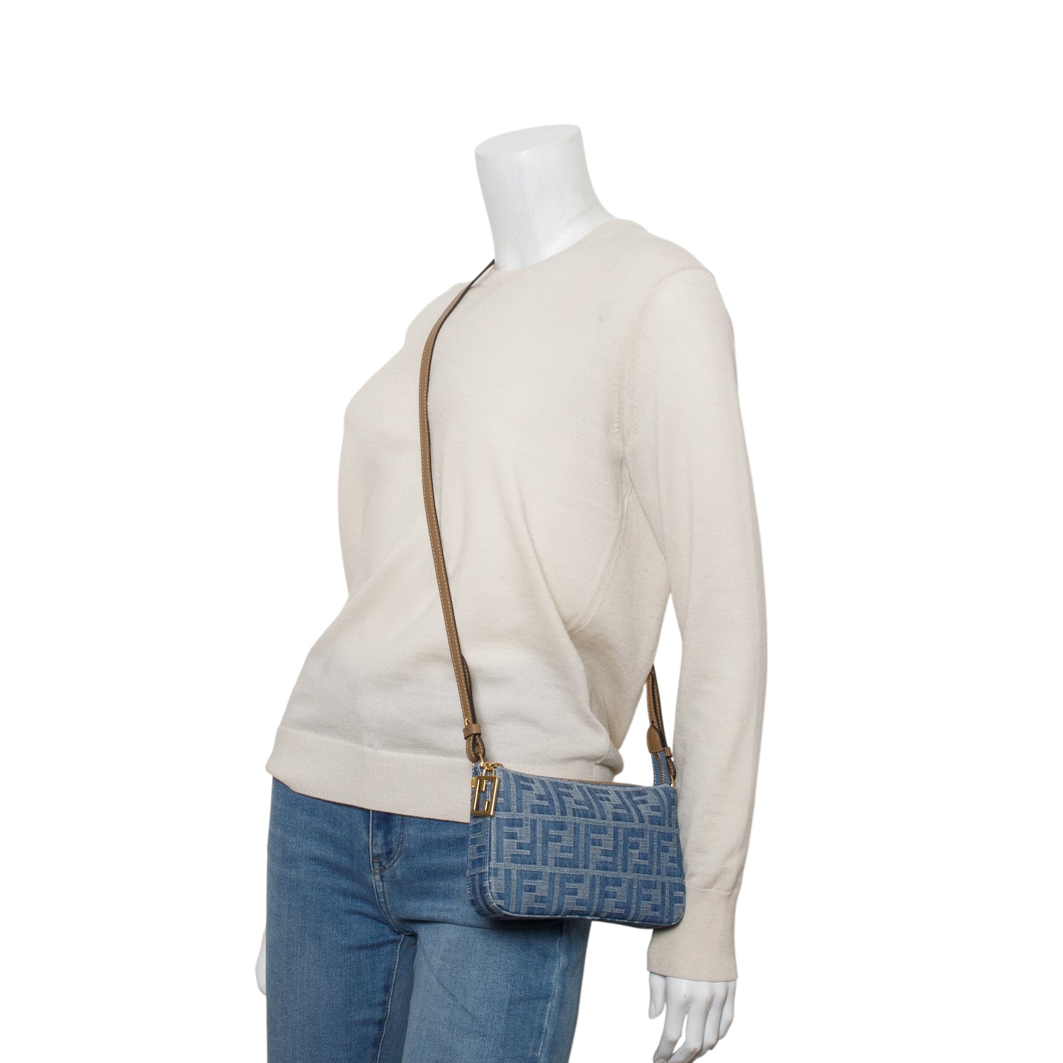 Fendi Blue Denim Effect Fabric Jacquard FF Baguette Pouch w/ Box & Straps
