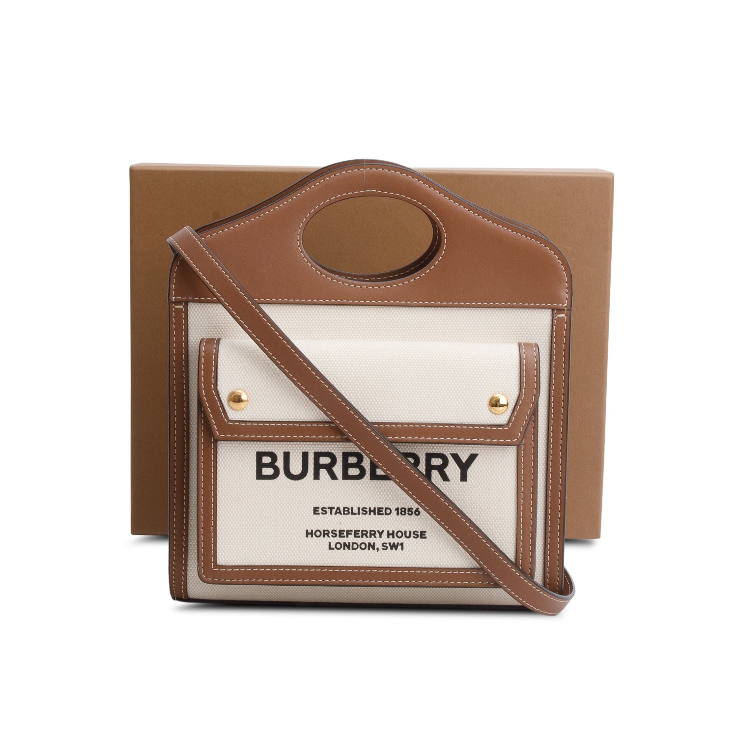 Burberry White Canvas Smooth Calfskin Two Tone Mini Pocket Bag w/ Box & Strap