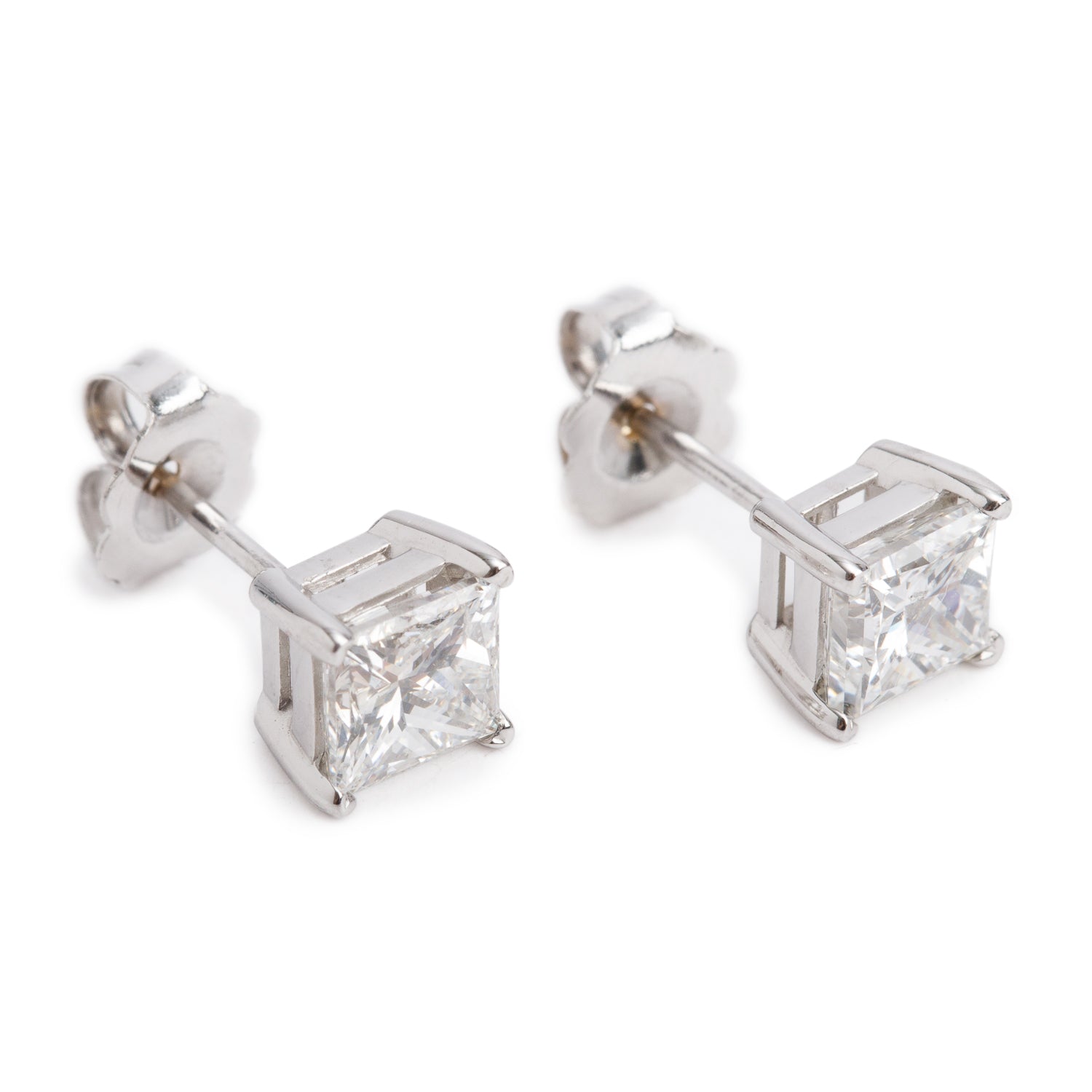14k White Gold 1.38 tcw. Princess Cut Diamond Stud Earrings