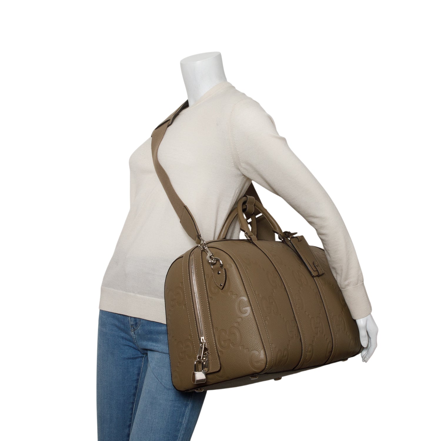 Gucci Taupe Piuma Calfskin Jumbo GG Embossed Large Duffle Bag w/ Strap