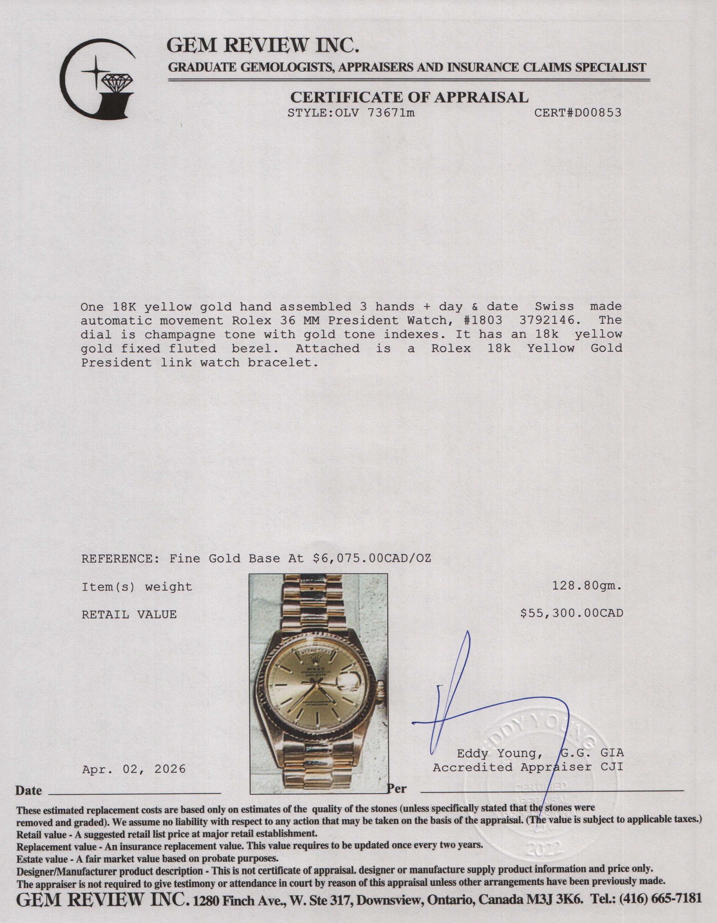 Rolex 18k Yellow Gold Day Date 36 MM President Watch Champagne Dial 1803 w/ Papers