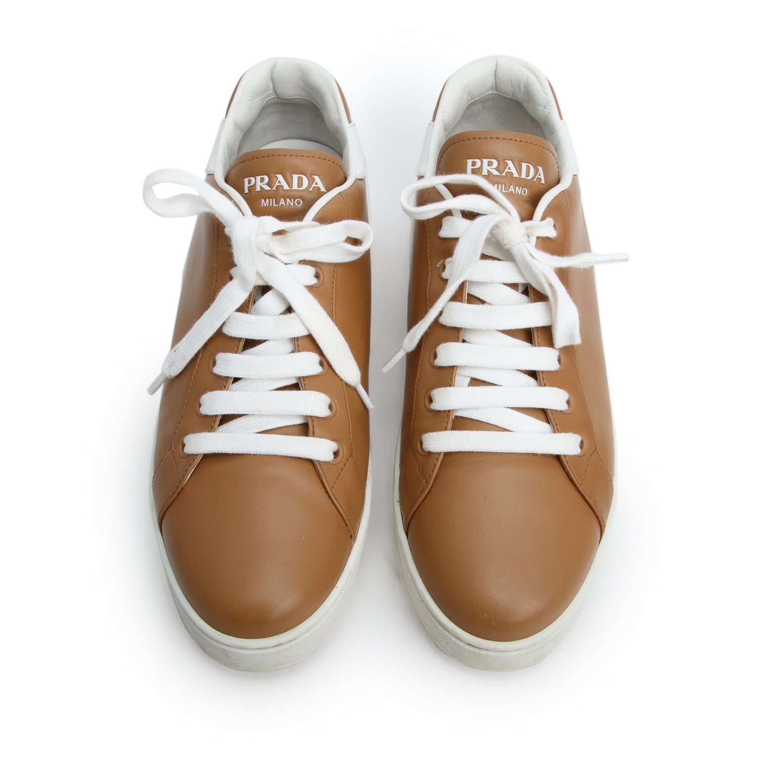 Prada Brown/White Vitello Soft Leather Sneakers, Women's Size 40.5 w/ Box