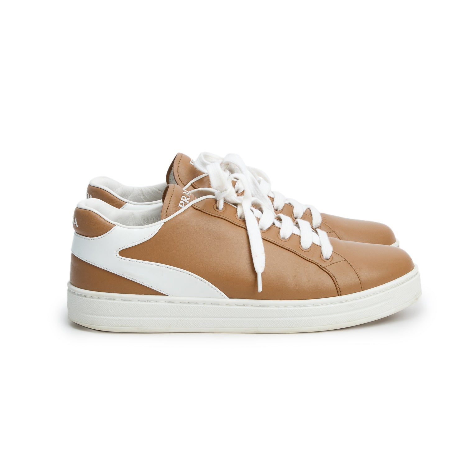 Prada Brown/White Vitello Soft Leather Sneakers, Women's Size 40.5 w/ Box