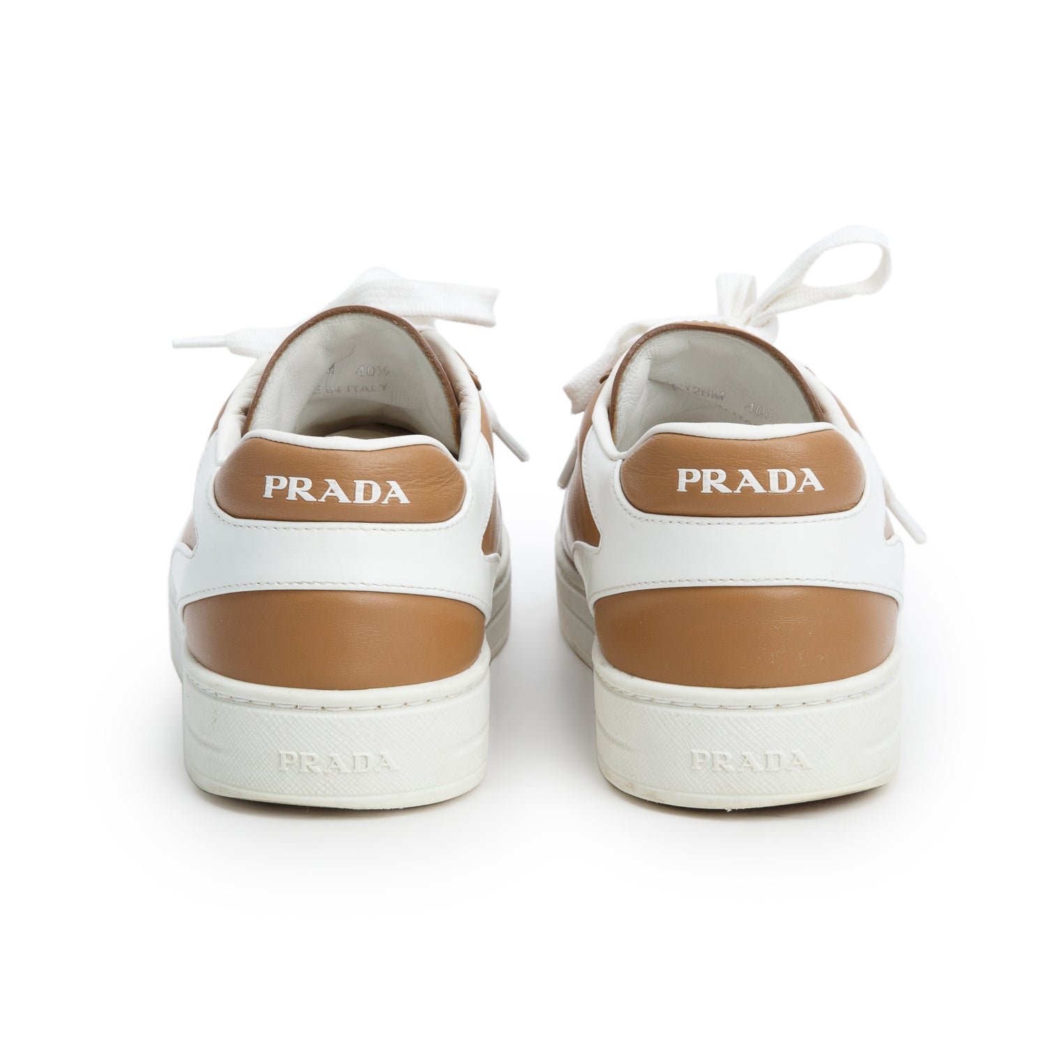Prada Brown/White Vitello Soft Leather Sneakers, Women's Size 40.5 w/ Box