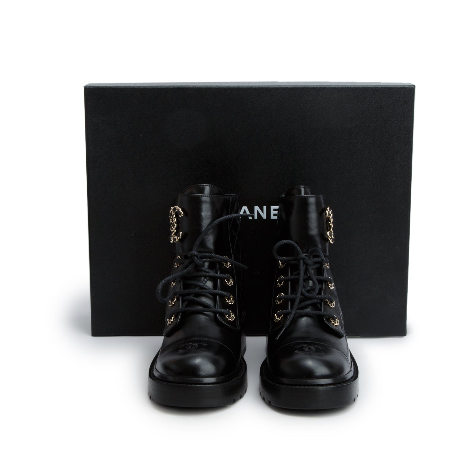 Chanel 2023 Black Shiny Calfskin Quilted Lace Up Combat Boots, Women's Size 38.5 w/ Box & Receipt