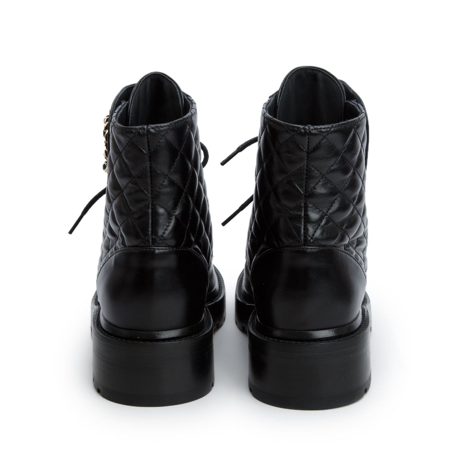 Chanel 2023 Black Shiny Calfskin Quilted Lace Up Combat Boots, Women's Size 38.5 w/ Box & Receipt
