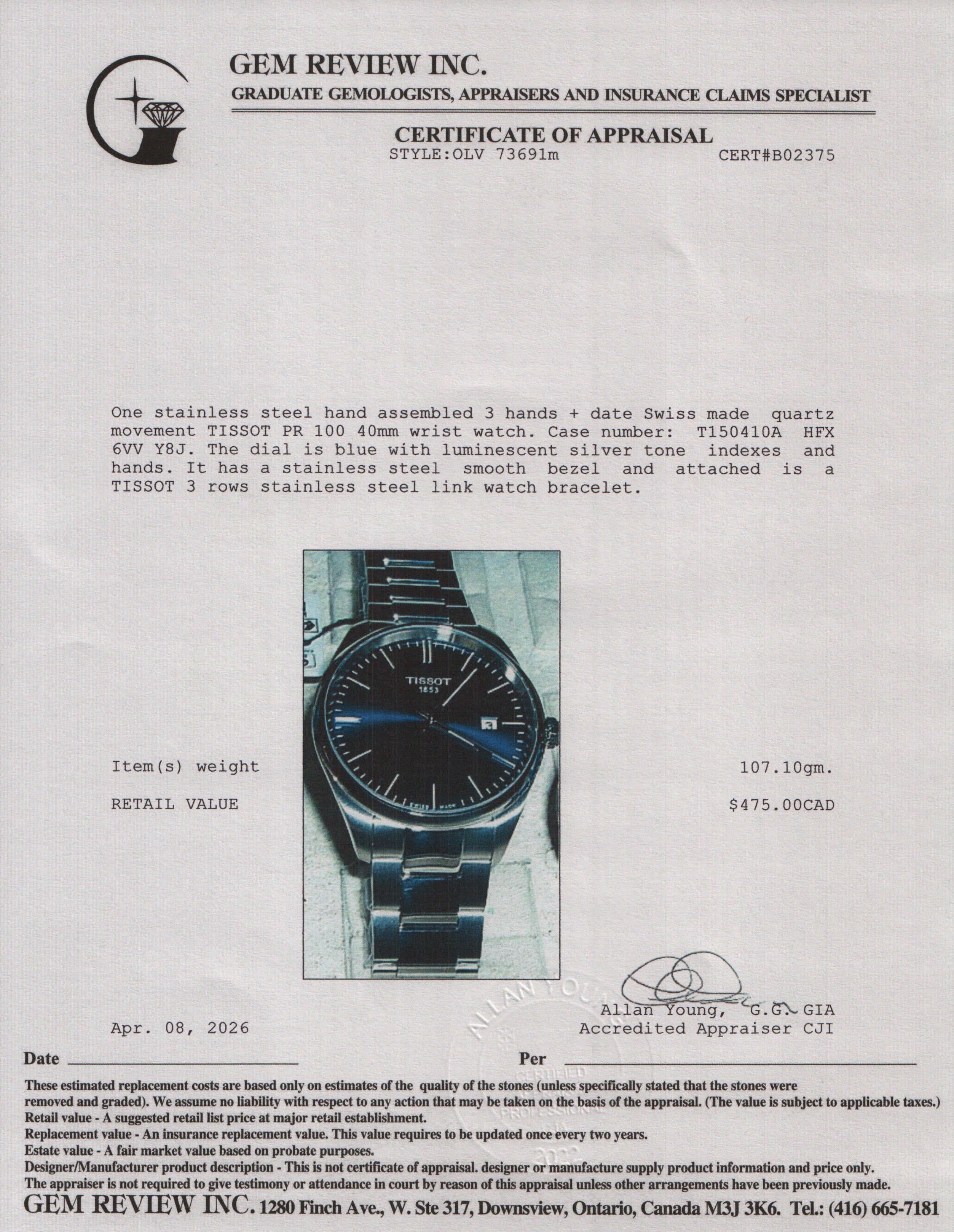 Tissot Stainless Steel PR 100 40 MM Quartz Watch w/ Box