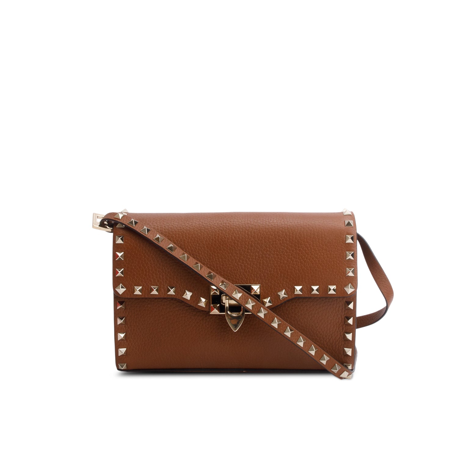 Valentino Brown Pebbled Calfskin Medium Rockstud Flip Lock Crossbody Bag w/ Box