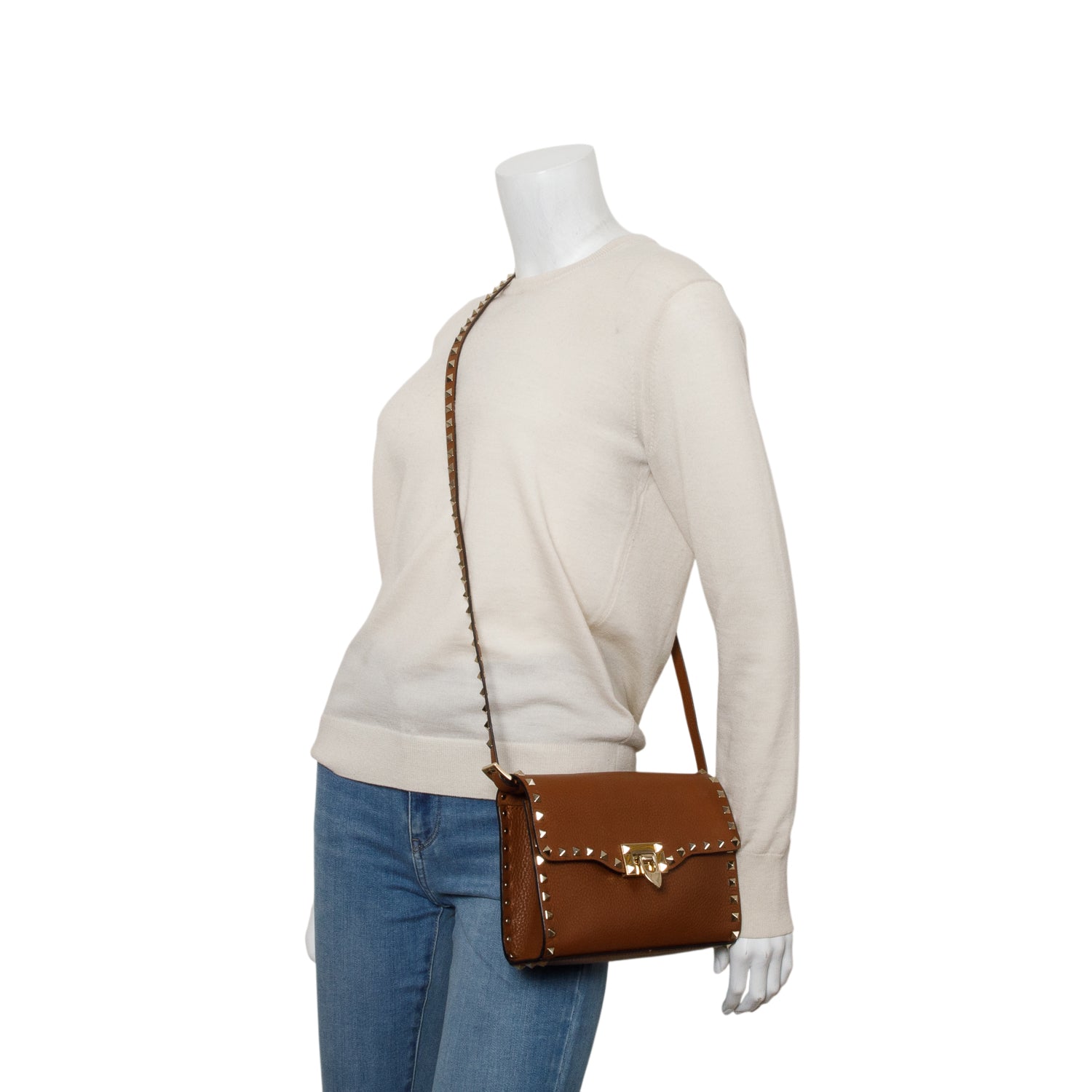 Valentino Brown Pebbled Calfskin Medium Rockstud Flip Lock Crossbody Bag w/ Box