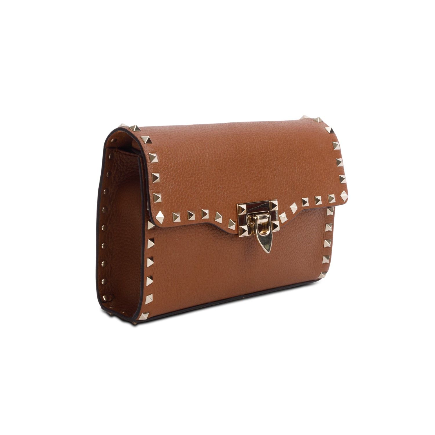 Valentino Brown Pebbled Calfskin Medium Rockstud Flip Lock Crossbody Bag w/ Box